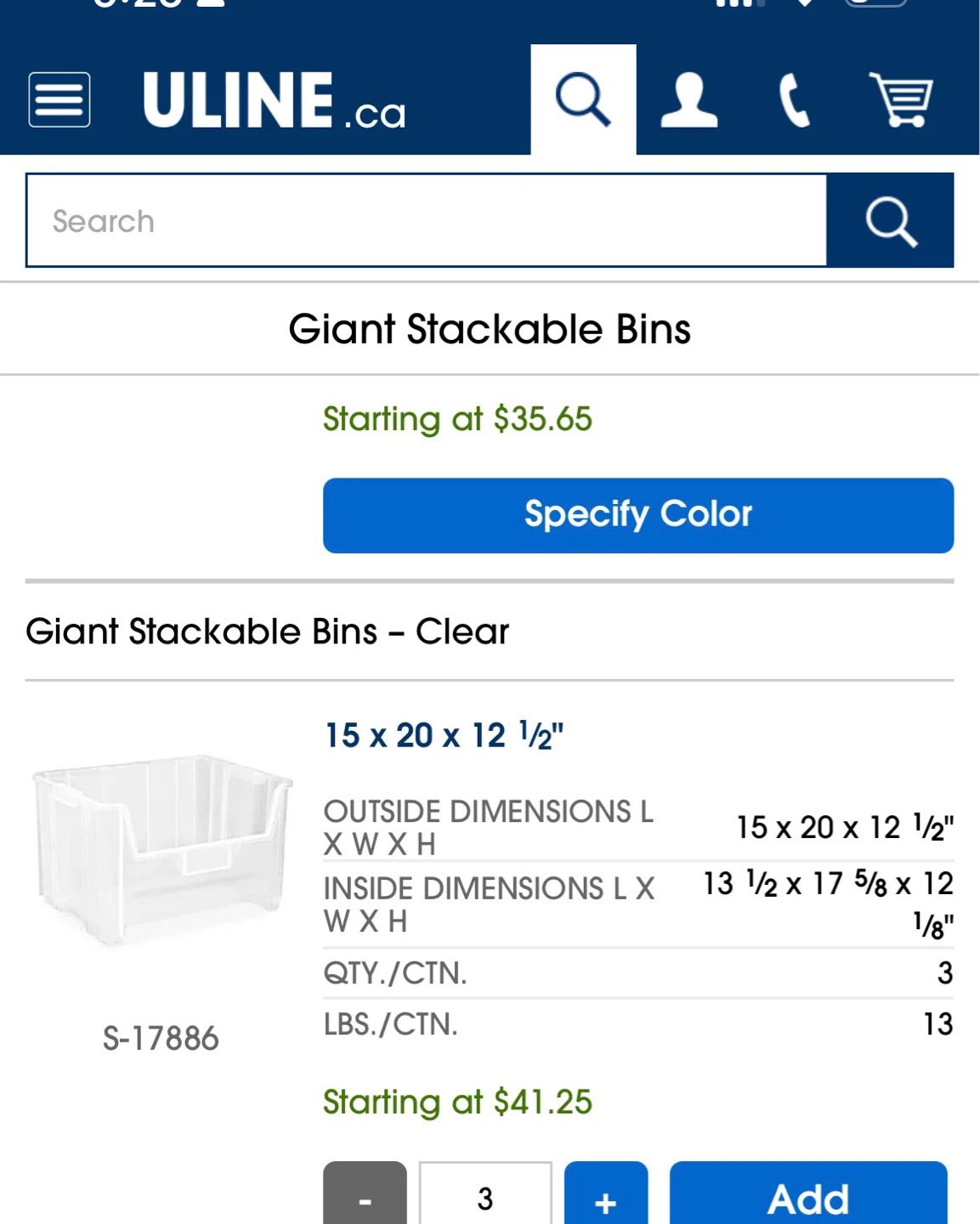 Uline Giant Stackable Bin - Clear 15 x 20 x 12 1/2"