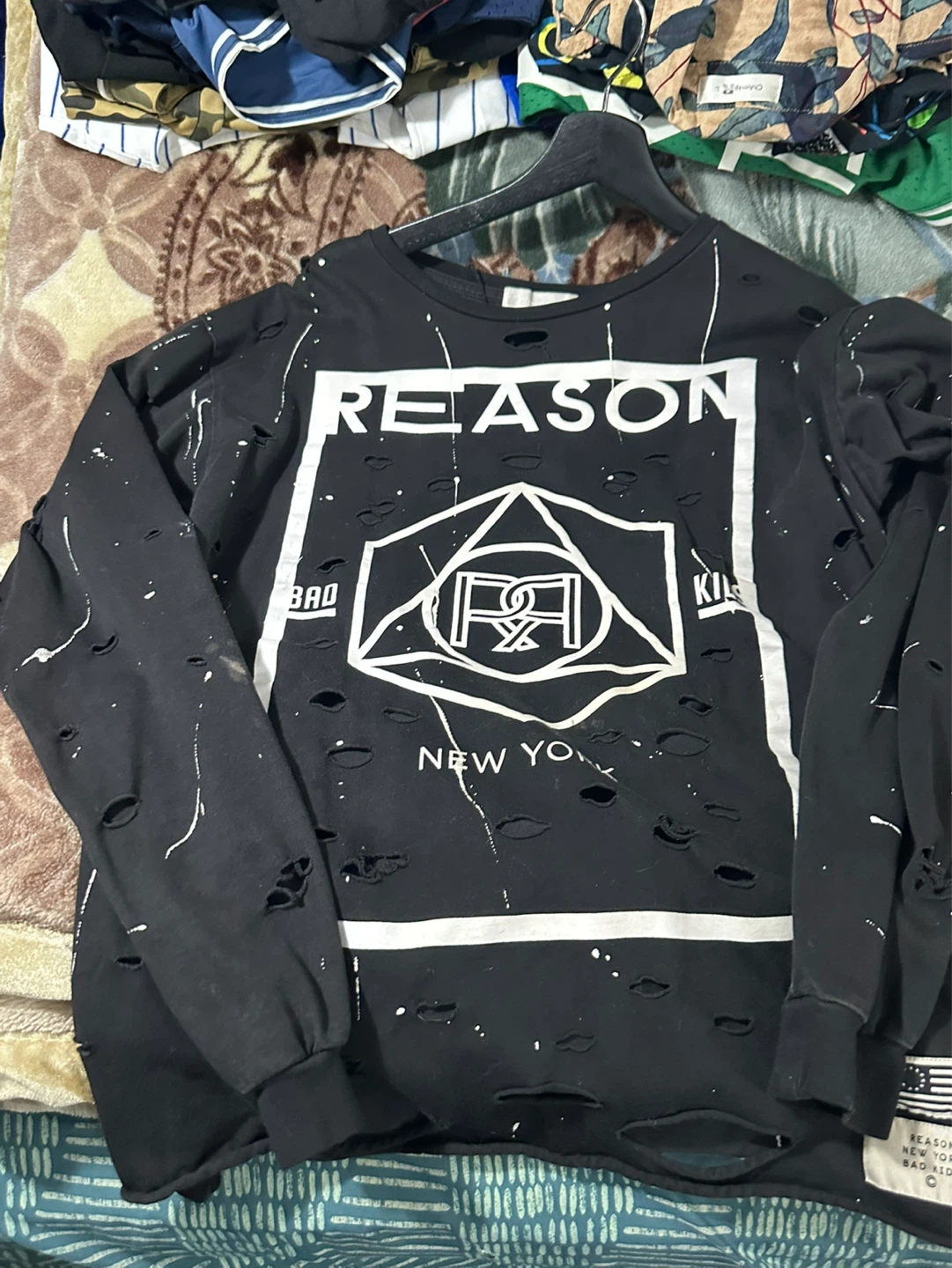 Reason Clothing Black Distressed Graphic Long Sleeve Shirt