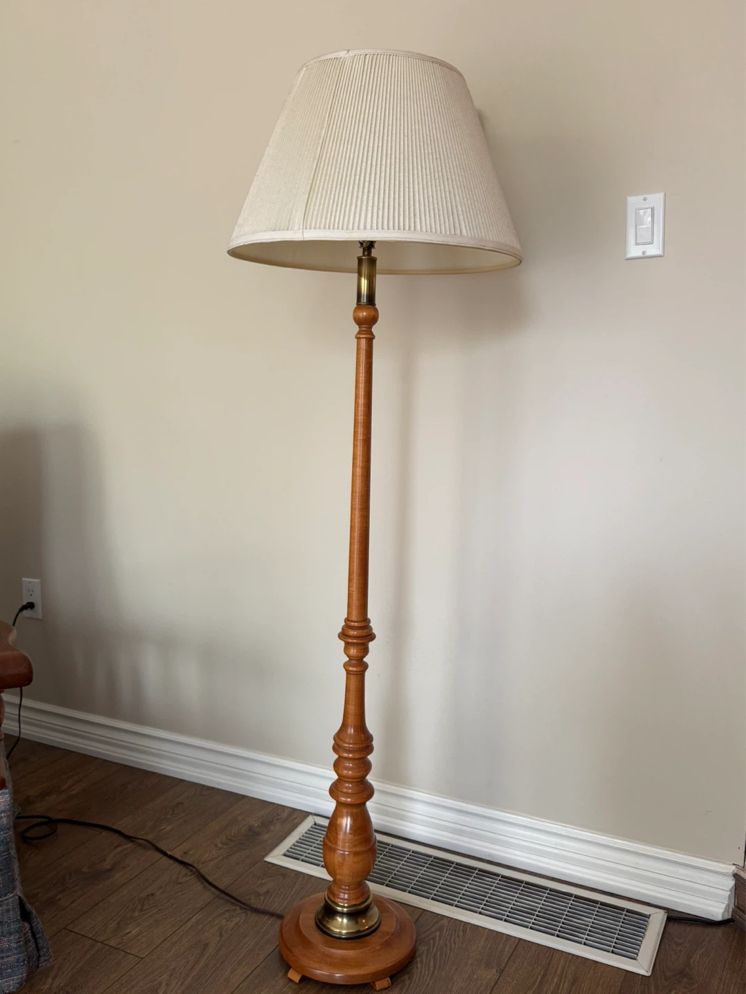Roxton Maple Wooden Floor Lamp with Cream Pleated Shade