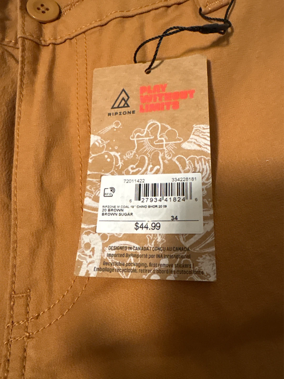 New Ripzone Coal Chino Shorts - Brown Sugar - Size 34 - photo 2