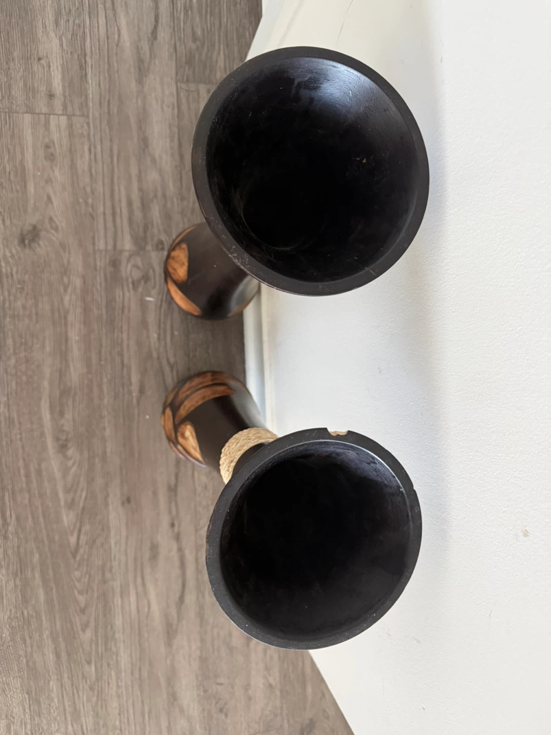 Set of 2 Dark Wood Vases with Natural Rope Accent - photo 3