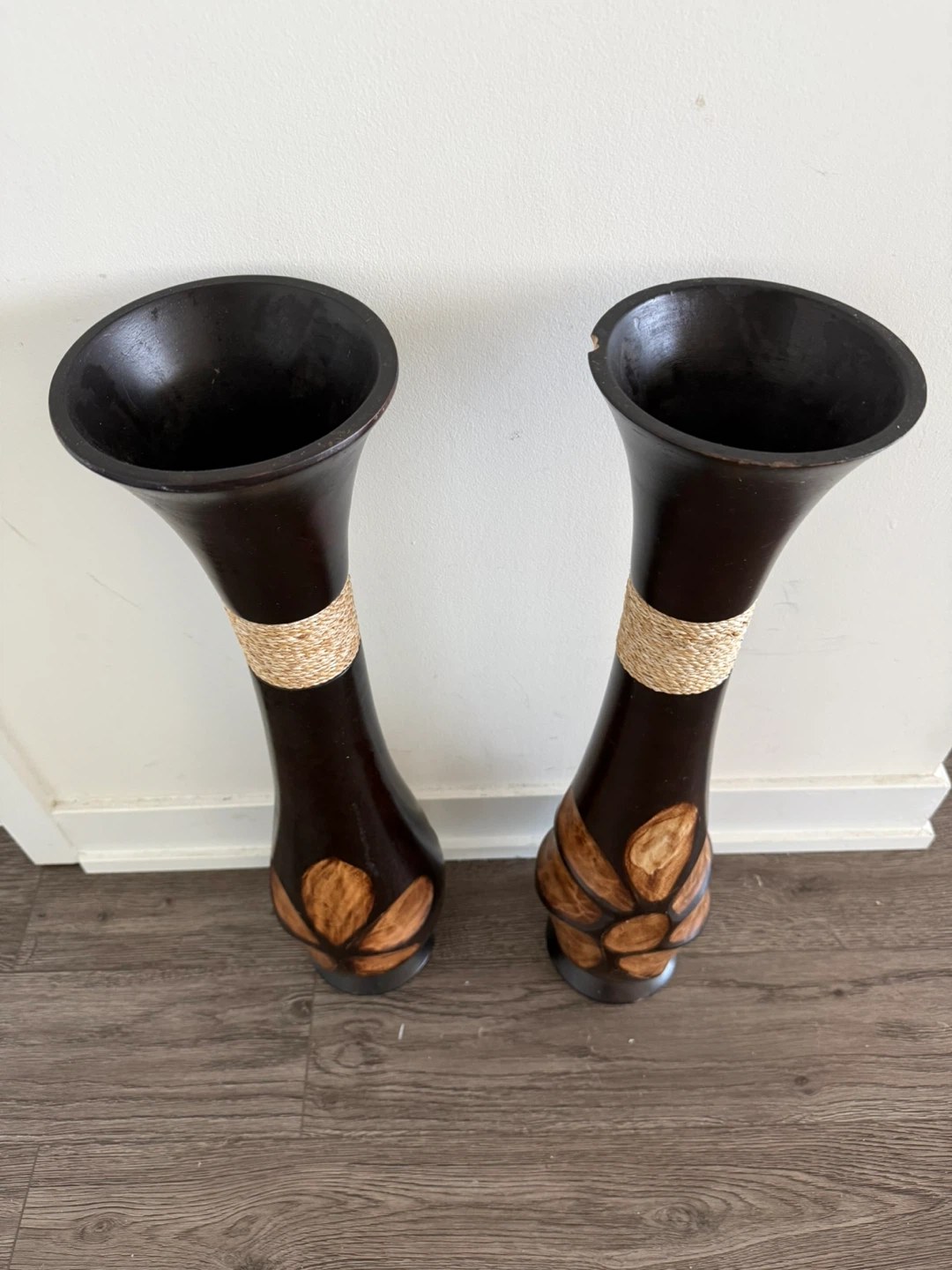 Set of 2 Dark Wood Vases with Natural Rope Accent - photo 2