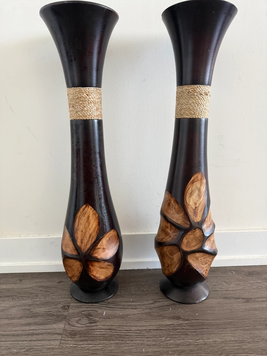 Set of 2 Dark Wood Vases with Natural Rope Accent