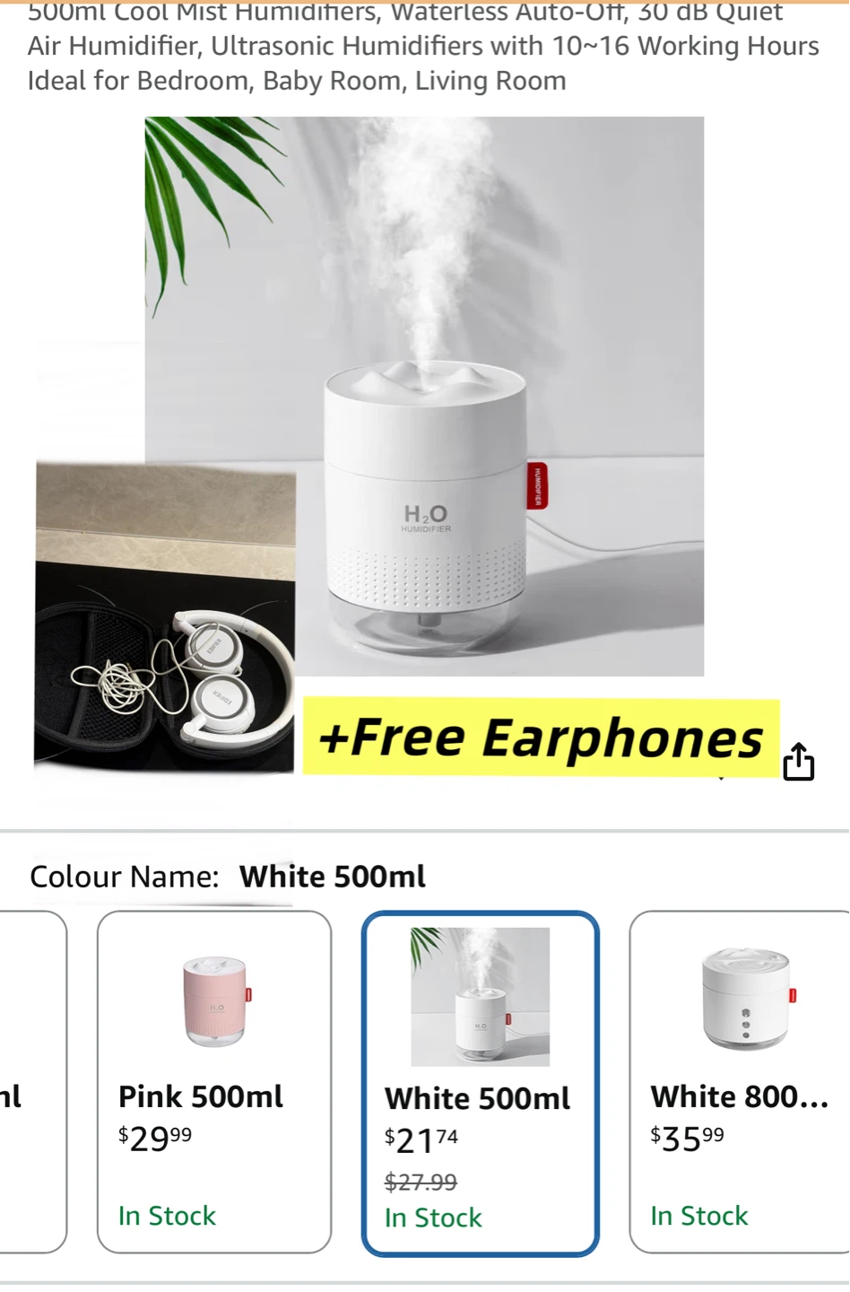 H2O Humidifier White 500ml+Free Earphone