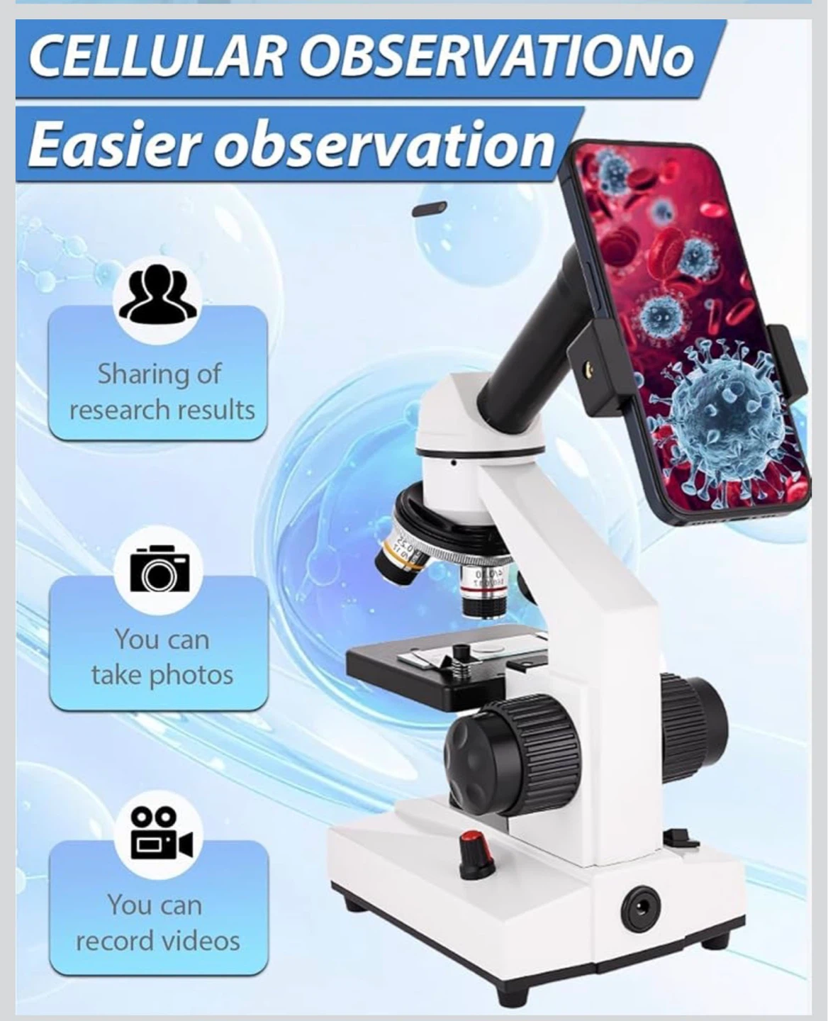Microscope with 4 Objectives and 2000x Magnification