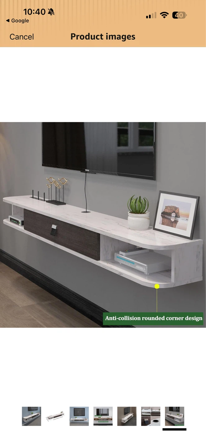 Floating TV Stand with Drawer - White marble-look finish