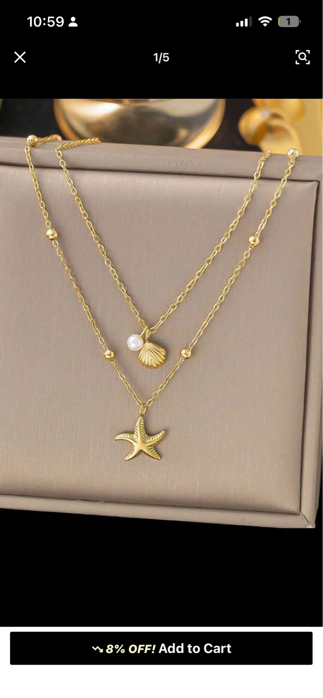 Gold Tone Layered Necklace with Starfish and Seashell Charms