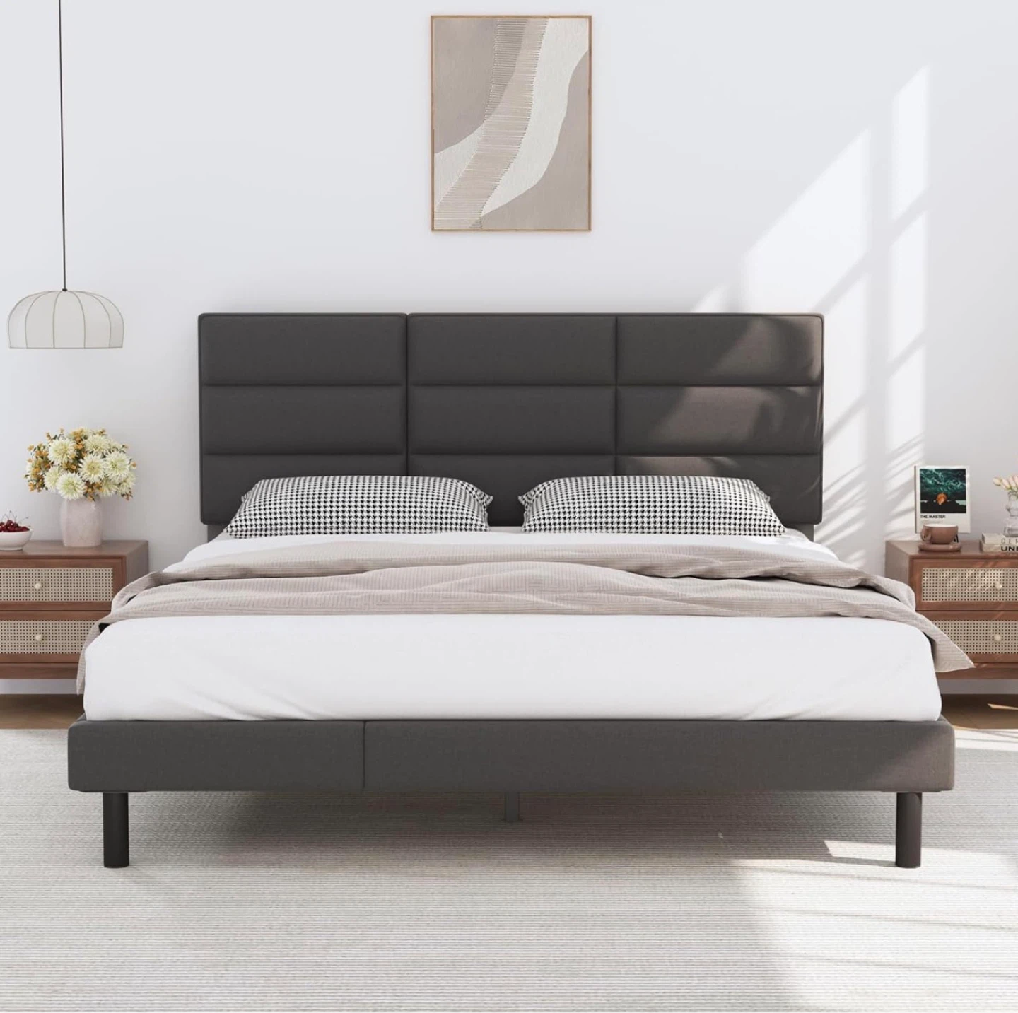 Queen Size Upholstered Bed Frame with Padded Headboard