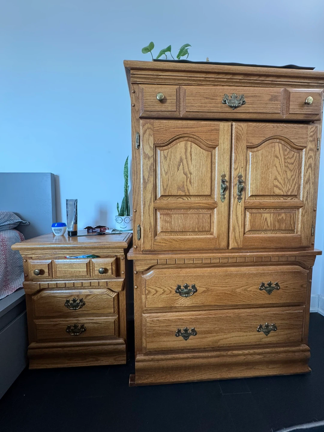 Solid Oak Armoire Dresser and side table - photo 2