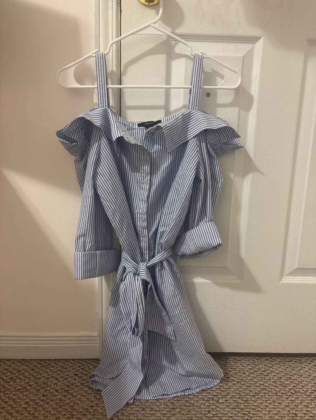 Blue and White Striped Cold Shoulder Shirt Dress