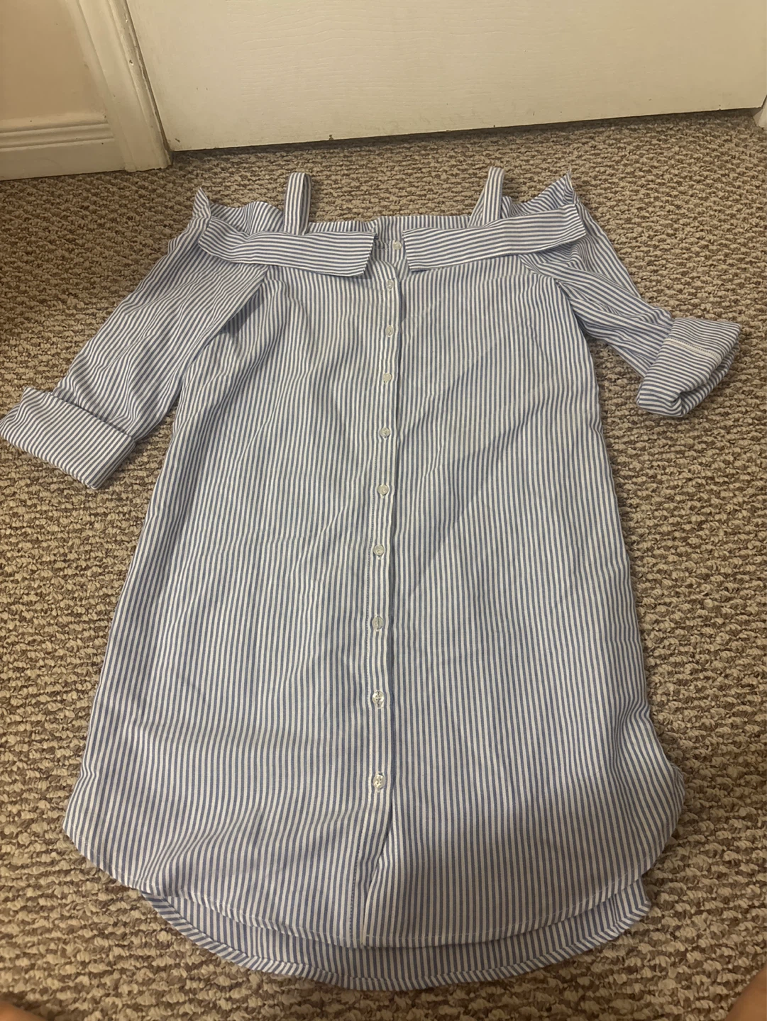 Blue and White Striped Cold Shoulder Shirt Dress - photo 2