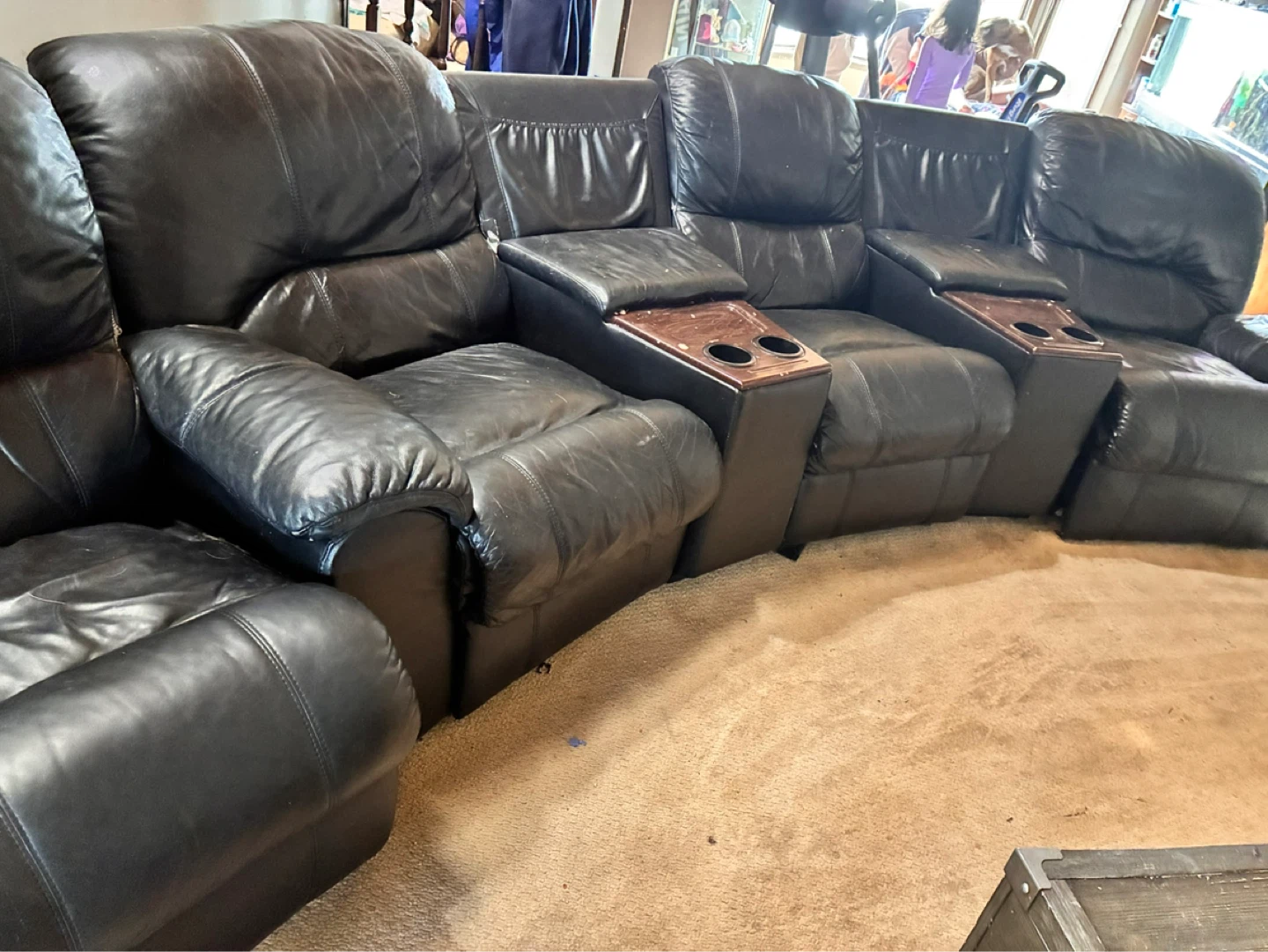 Black Leather Reclining Sectional Sofa with Cup Holders