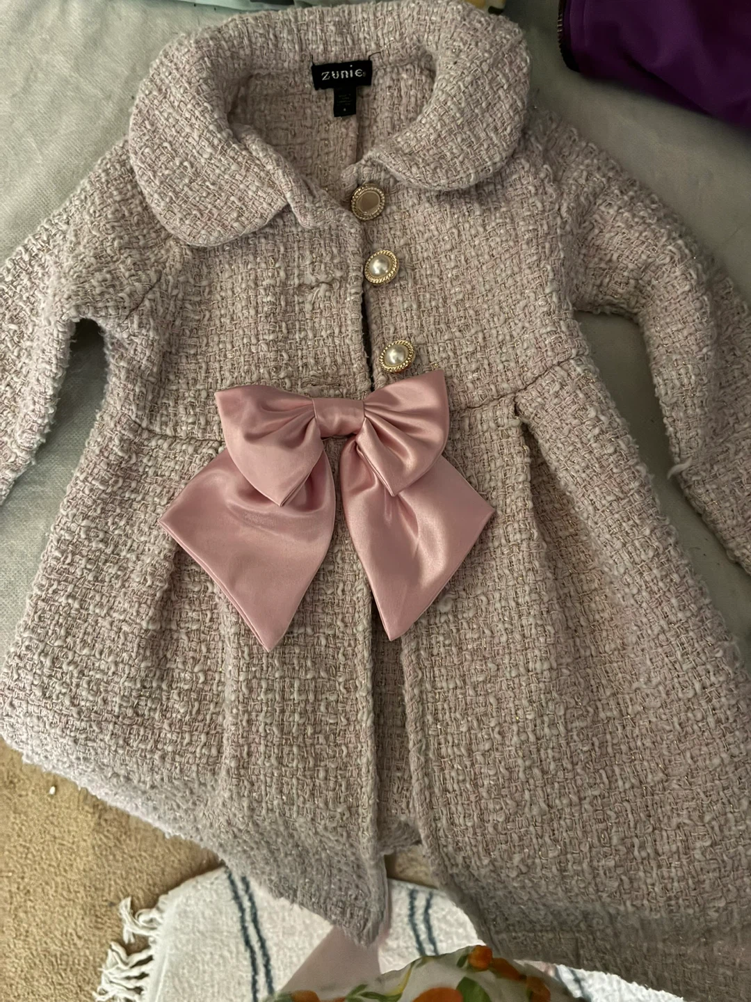 Zunie Pink Tweed Coat with Bow - Size 4