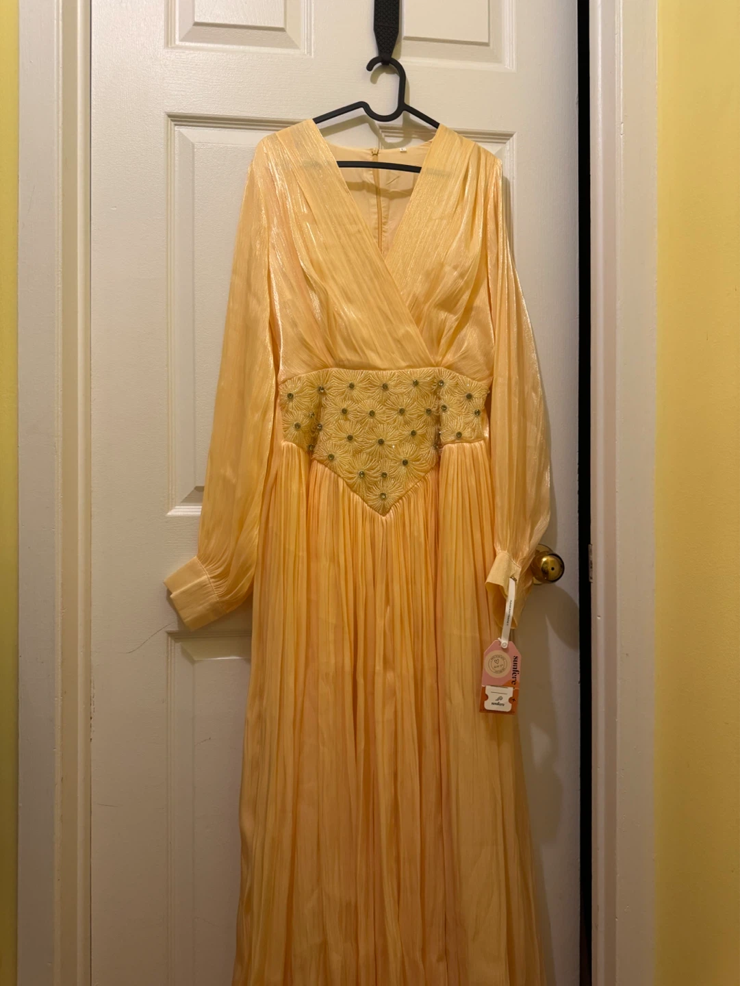 Sunfere Women's Yellow Beaded Waist Maxi Dress