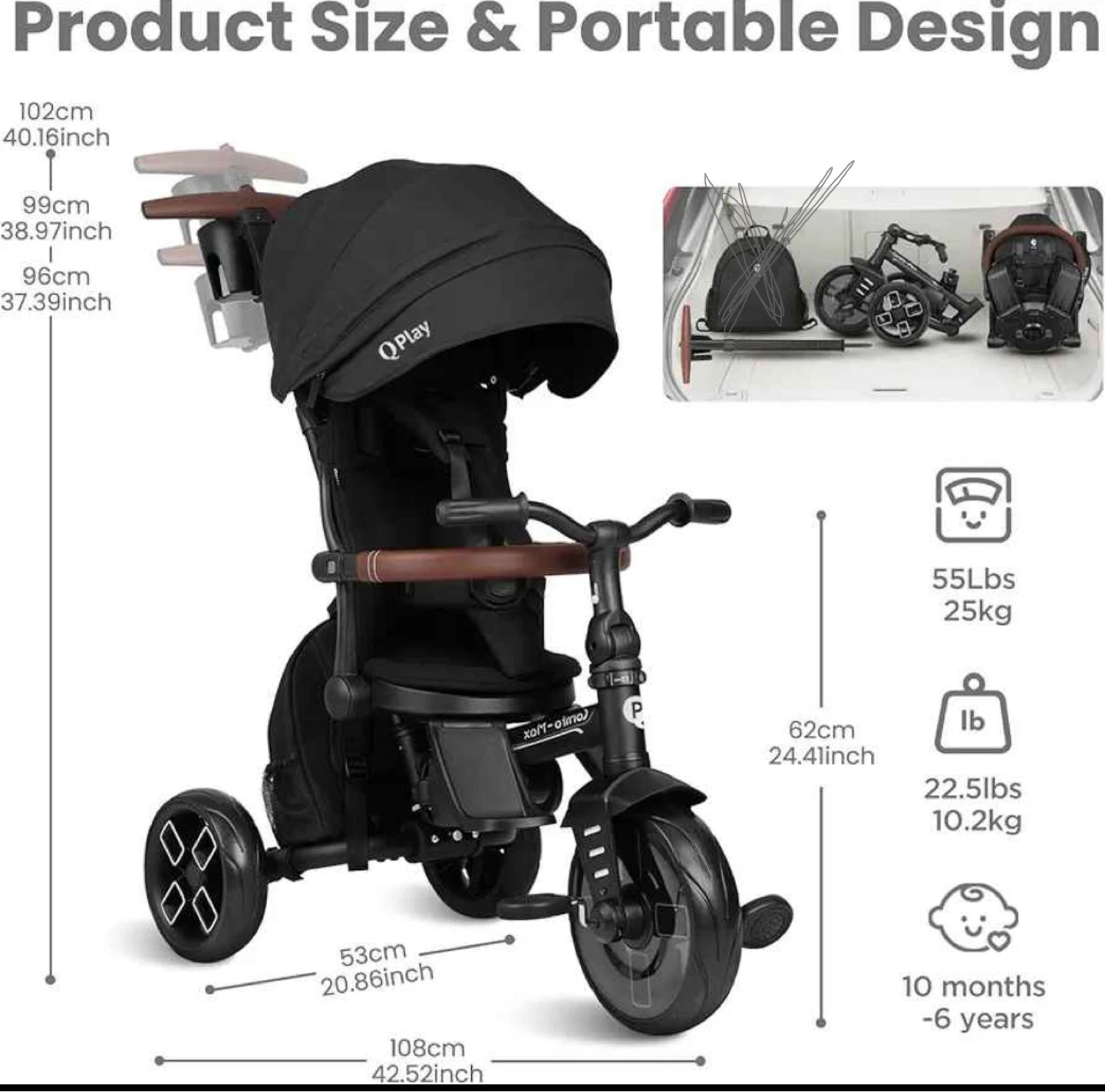 QPlay Comfo-Max 8-in-1 Toddler Tricycle - Black - photo 3