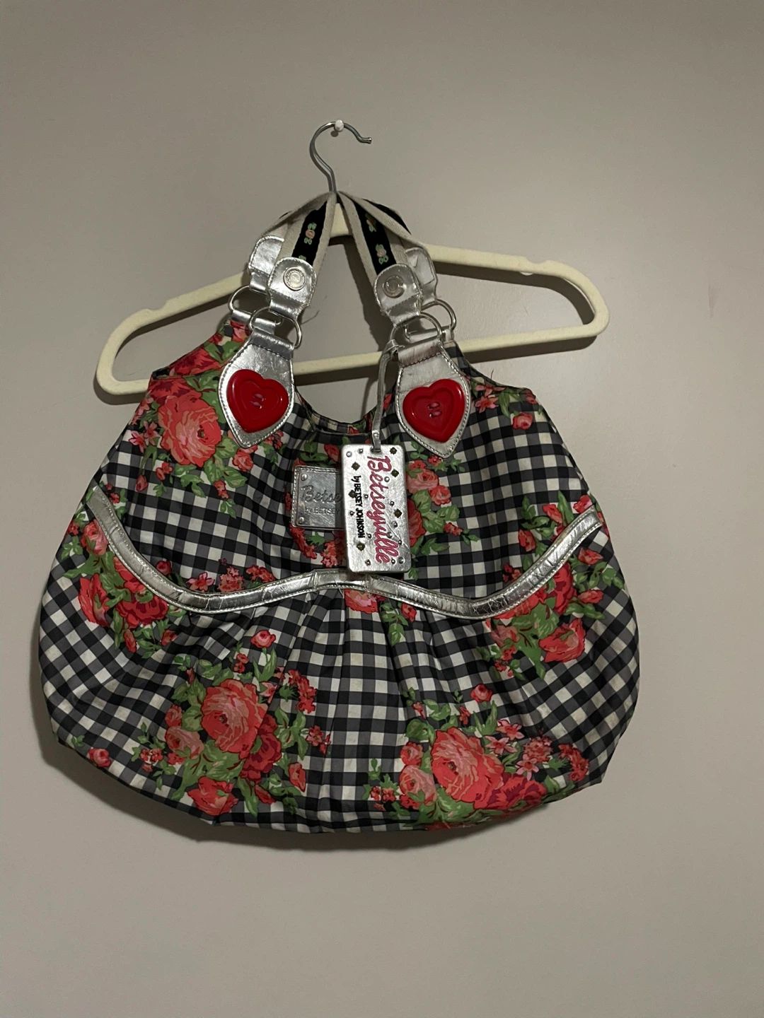 Betsey Johnson purse with floral and gingham pattern