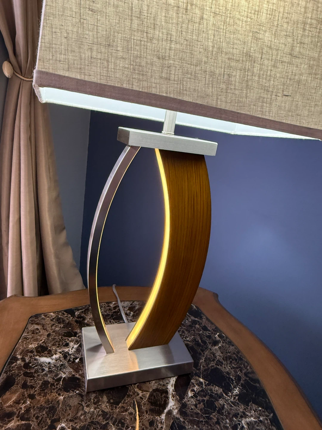 Modern Arc Table Lamp with Wood Accent