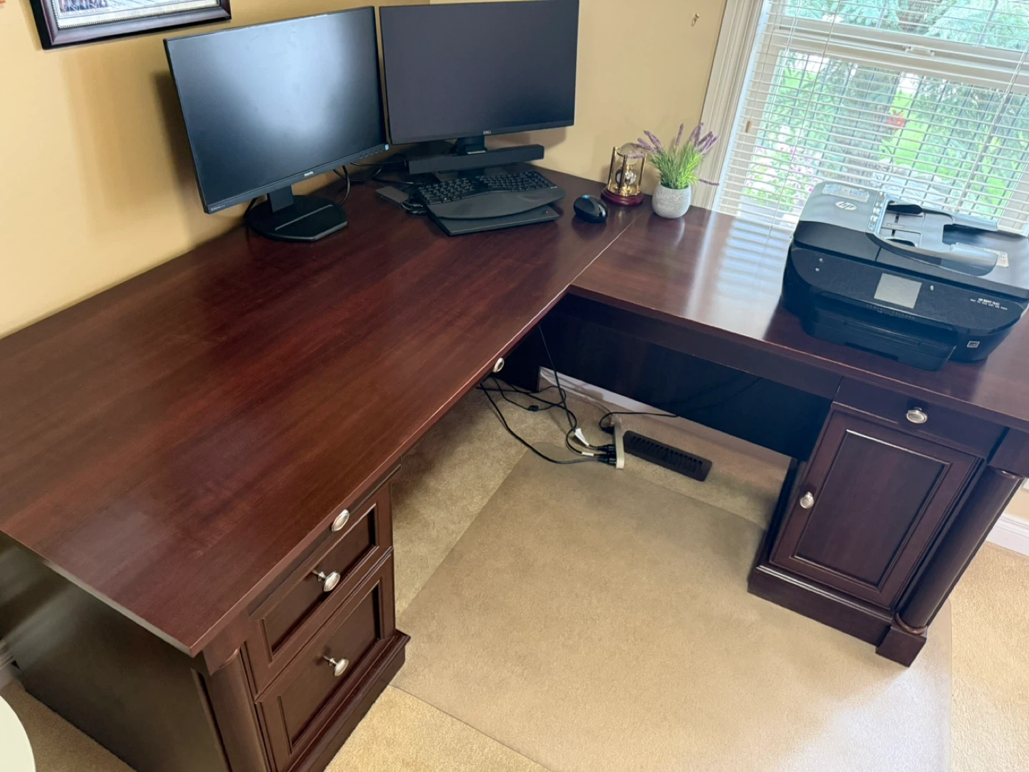 Mahogany L-Shaped Desk with Drawers and Cabinet