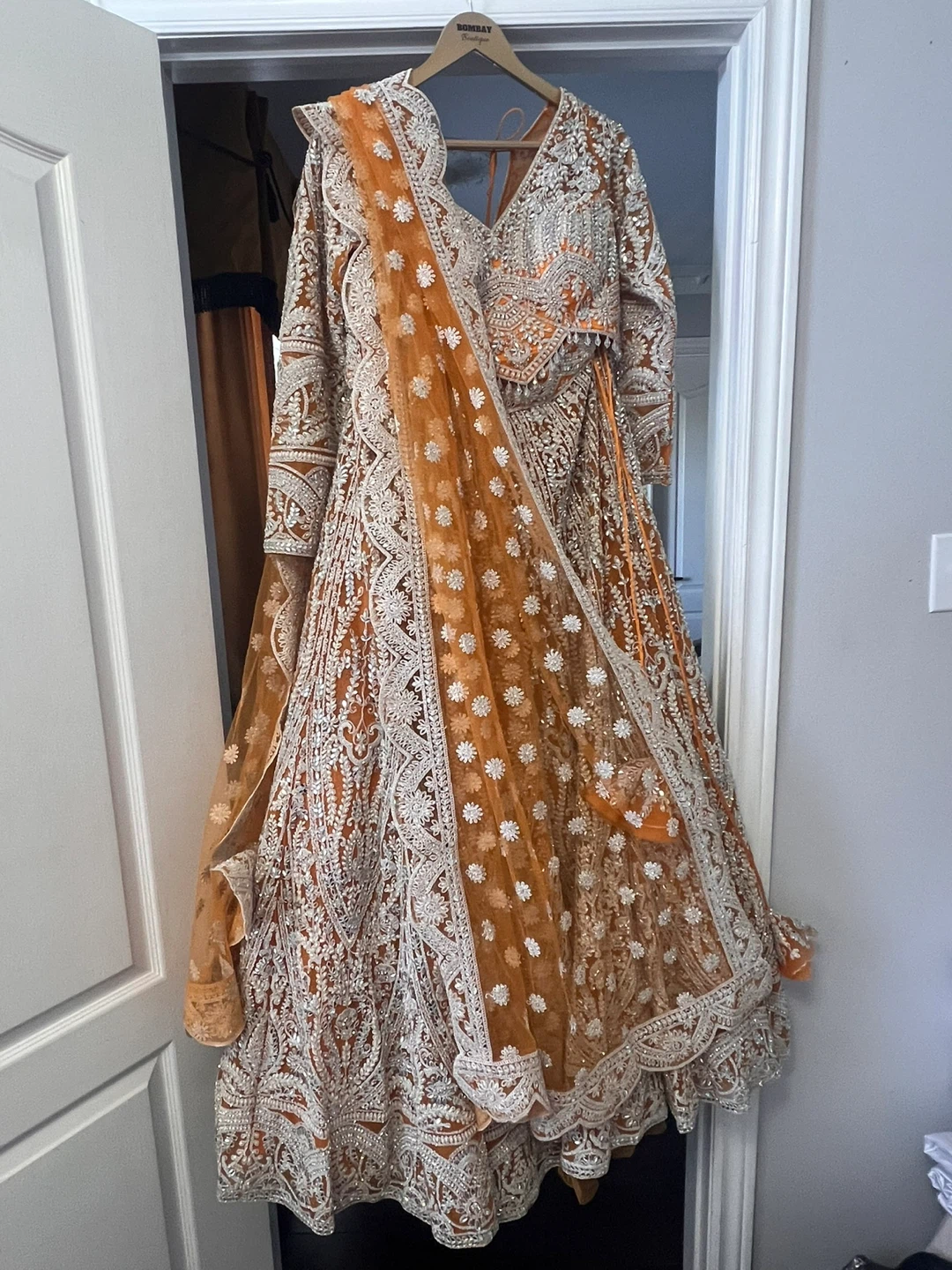 Orange Embroidered Lehenga Choli Dupatta Set - photo 4