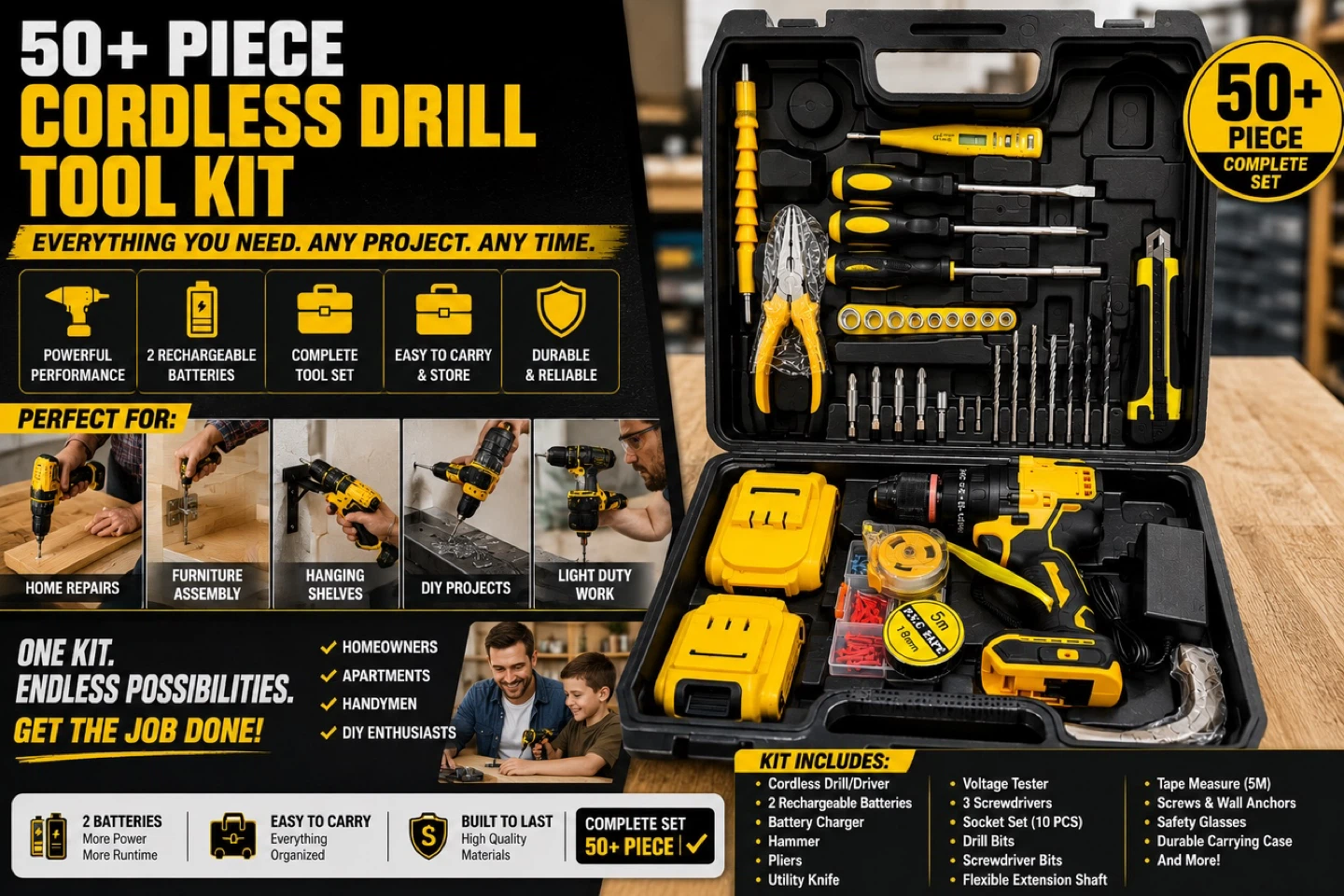 50+ Piece Cordless Drill Tool Kit