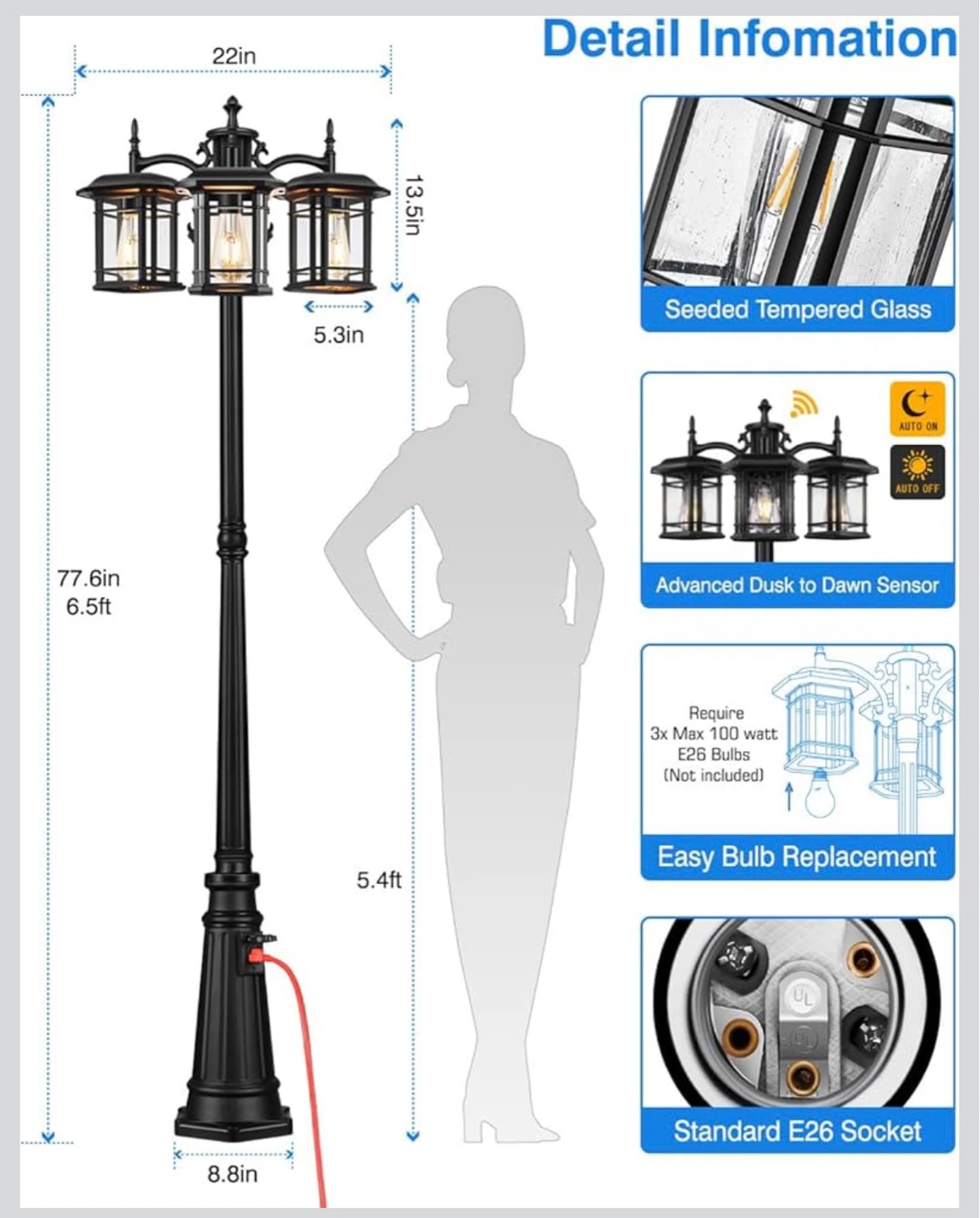 VIANIS Triple-Head Outdoor Post Light with Dusk to Dawn Sensor - photo 4