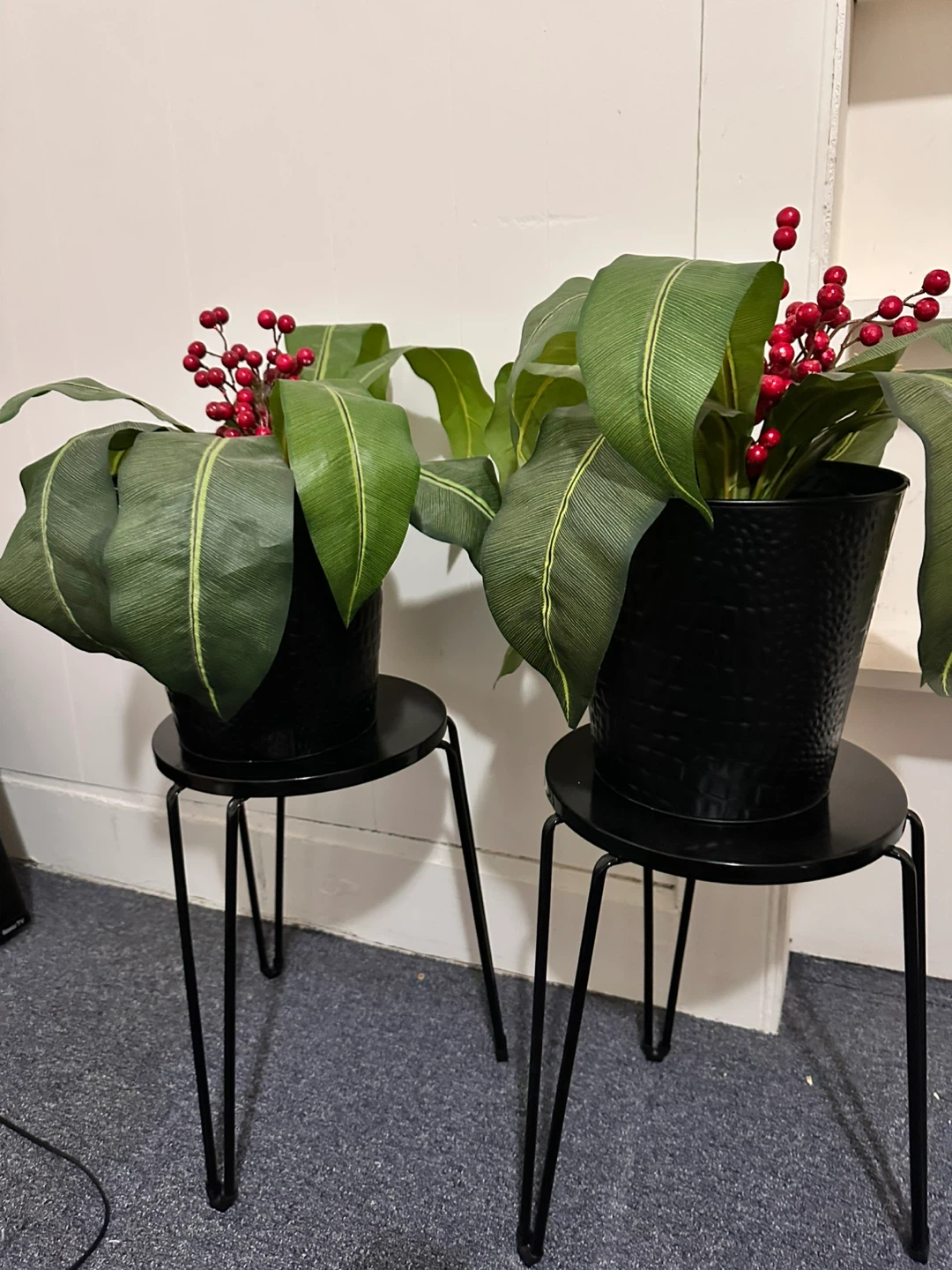 Black Faux Plant with Red Berries in Textured Planter