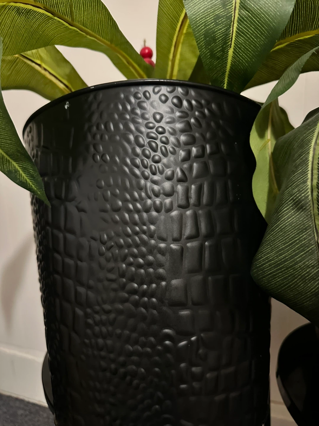Black Faux Plant with Red Berries in Textured Planter - photo 2