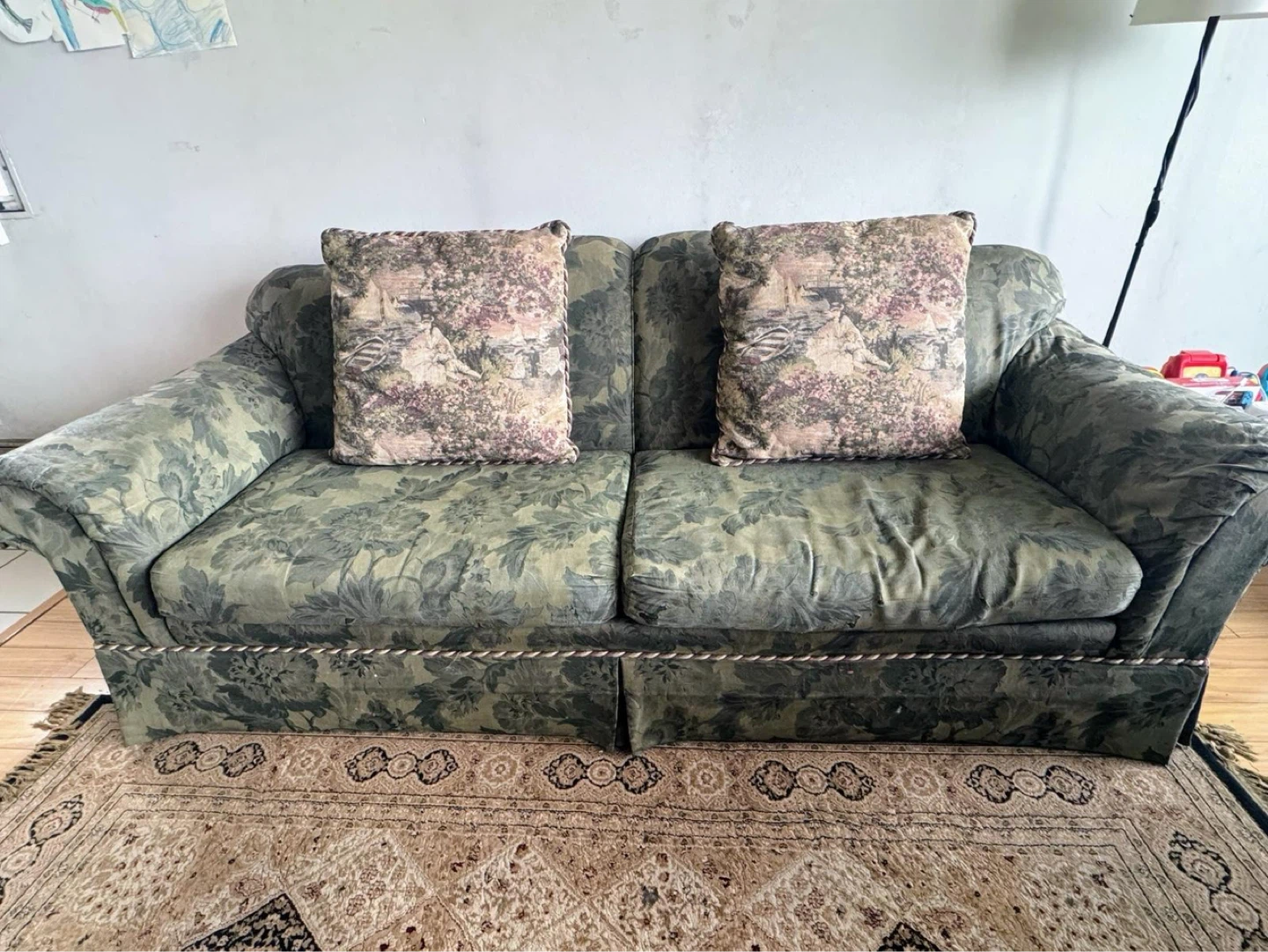 Green Floral Sofa with Patterned Throw Pillows - photo 4