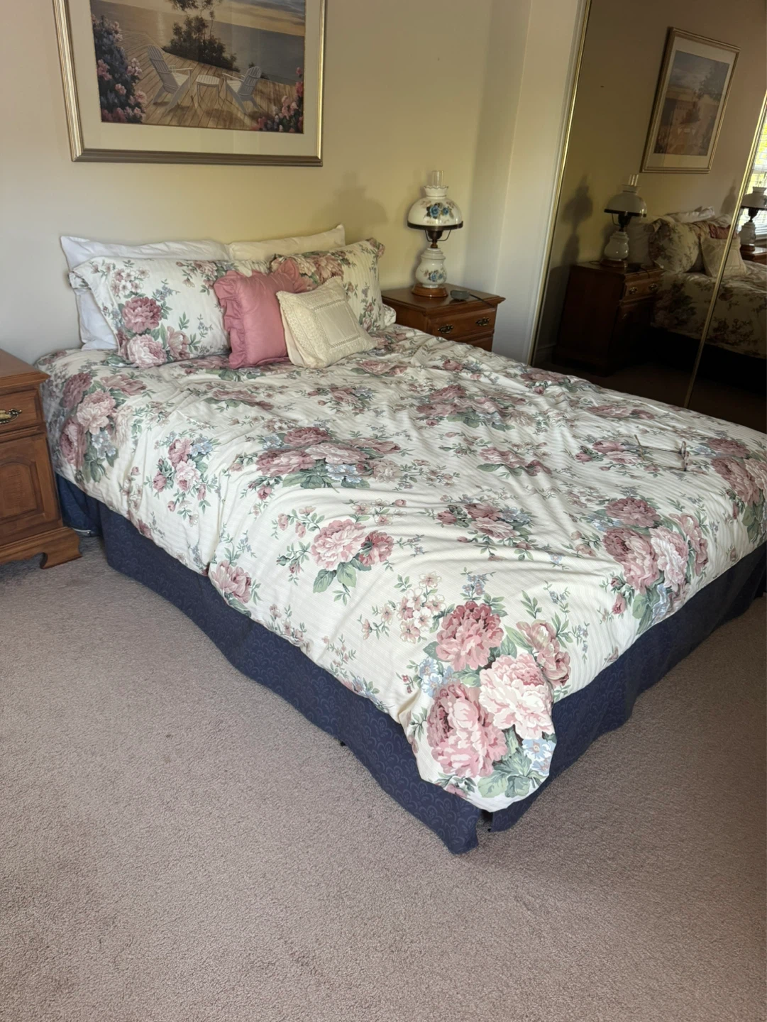 Queen size mattress, frame, duvet and accent pillows