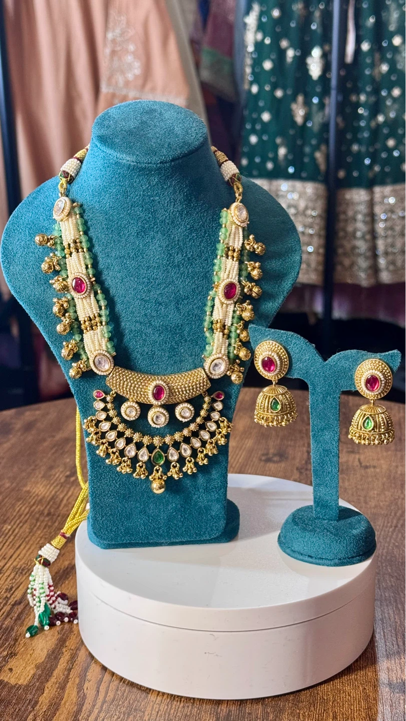 Gold Tone Necklace and Earrings Set with Red and Green Stones