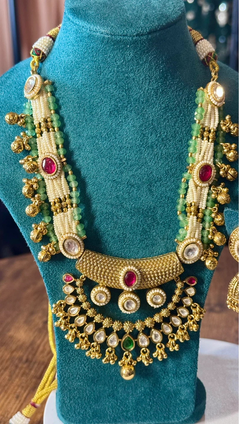 Gold Tone Necklace and Earrings Set with Red and Green Stones - photo 2