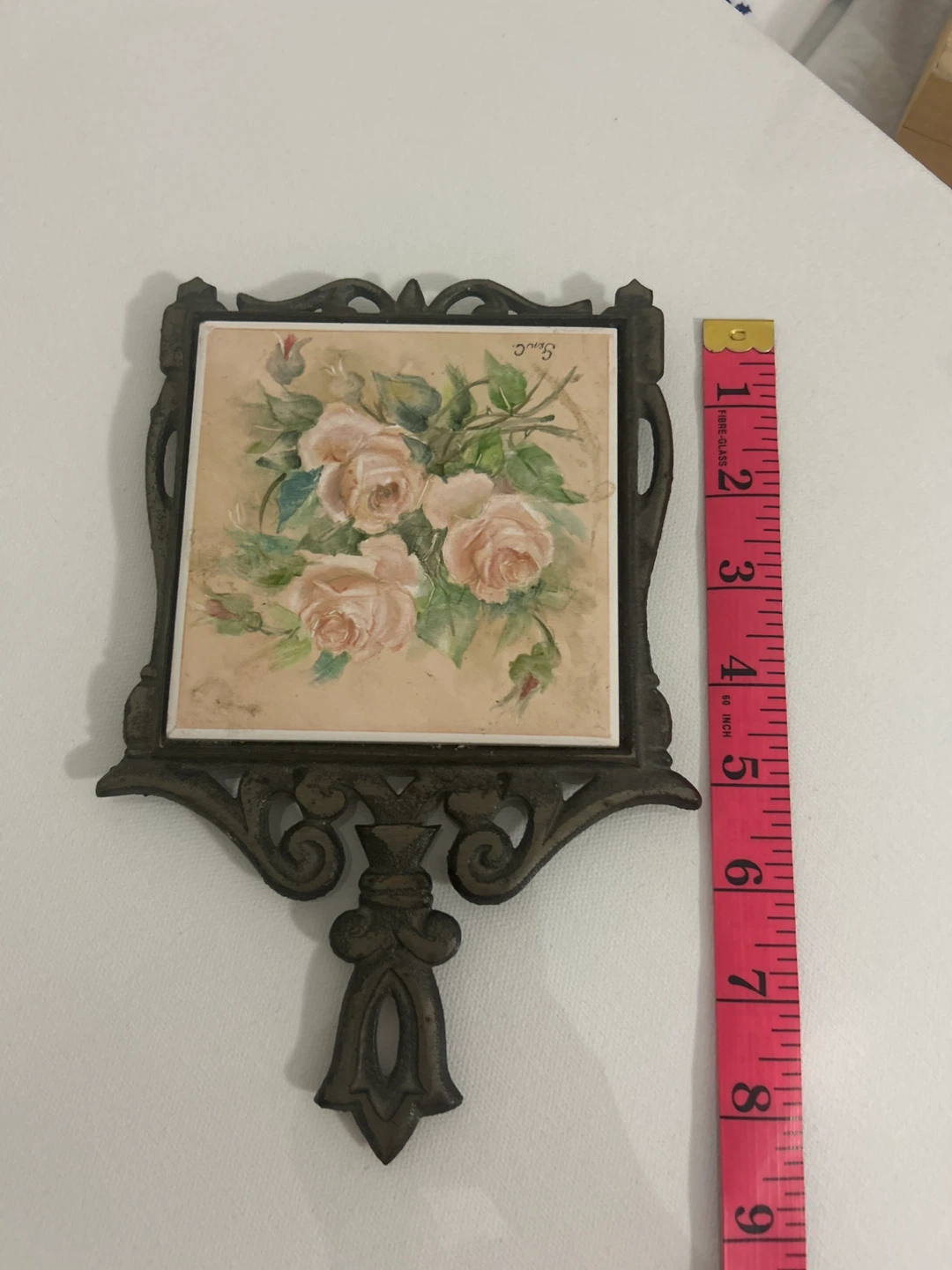 Vintage Cast Iron Trivet with Rose Tile - Made in England