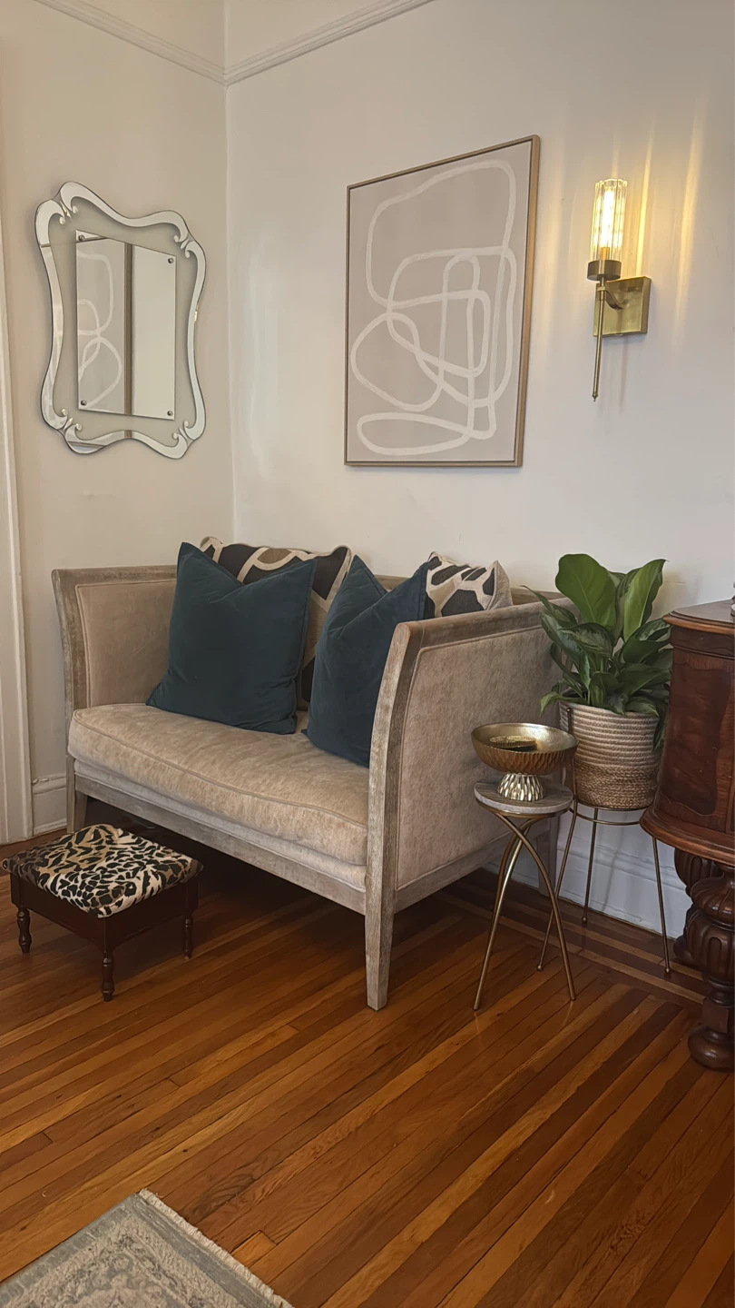 Cream Upholstered Loveseat with Curved Arms - photo 2