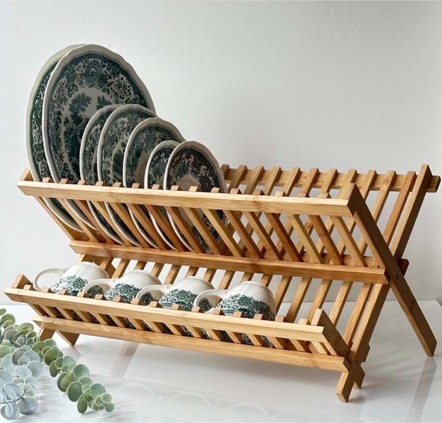 Bamboo Dish Rack - 2 Tier Folding Drying Shelf