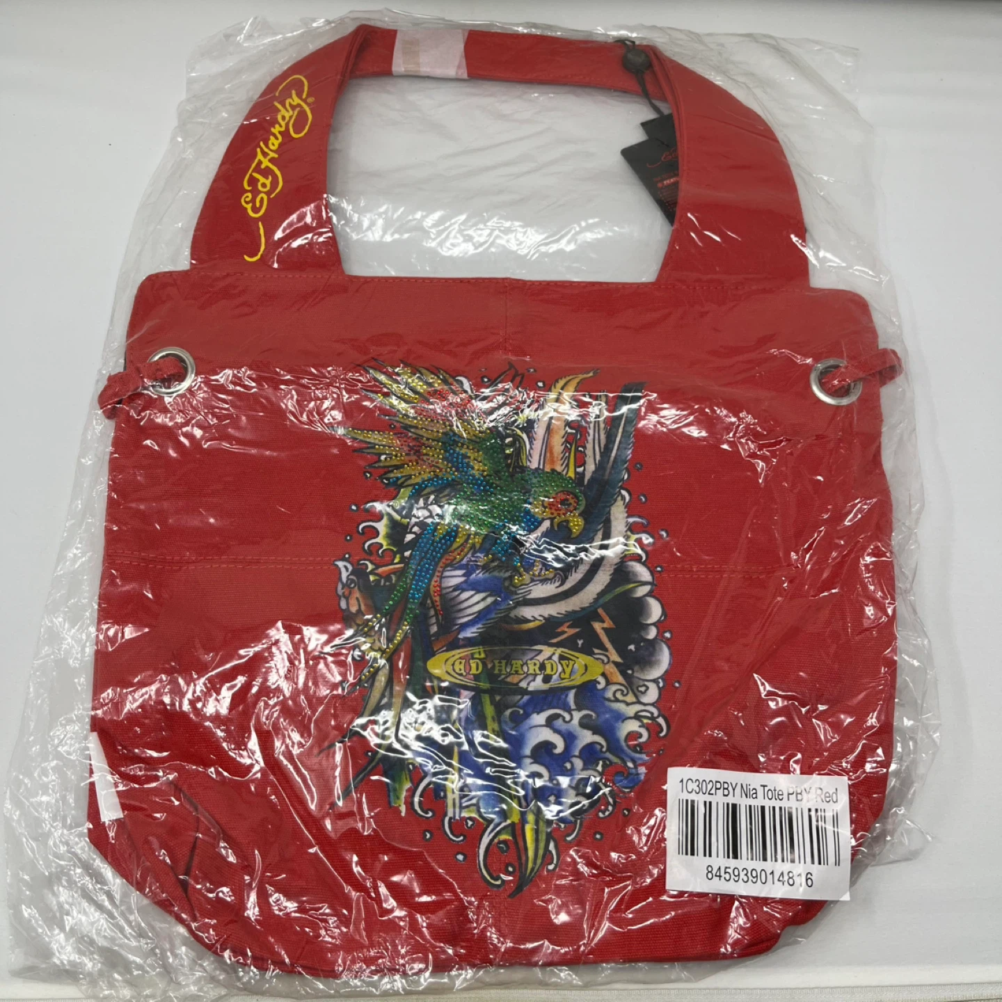 Ed Hardy Red Tote Bag with Parrot Design