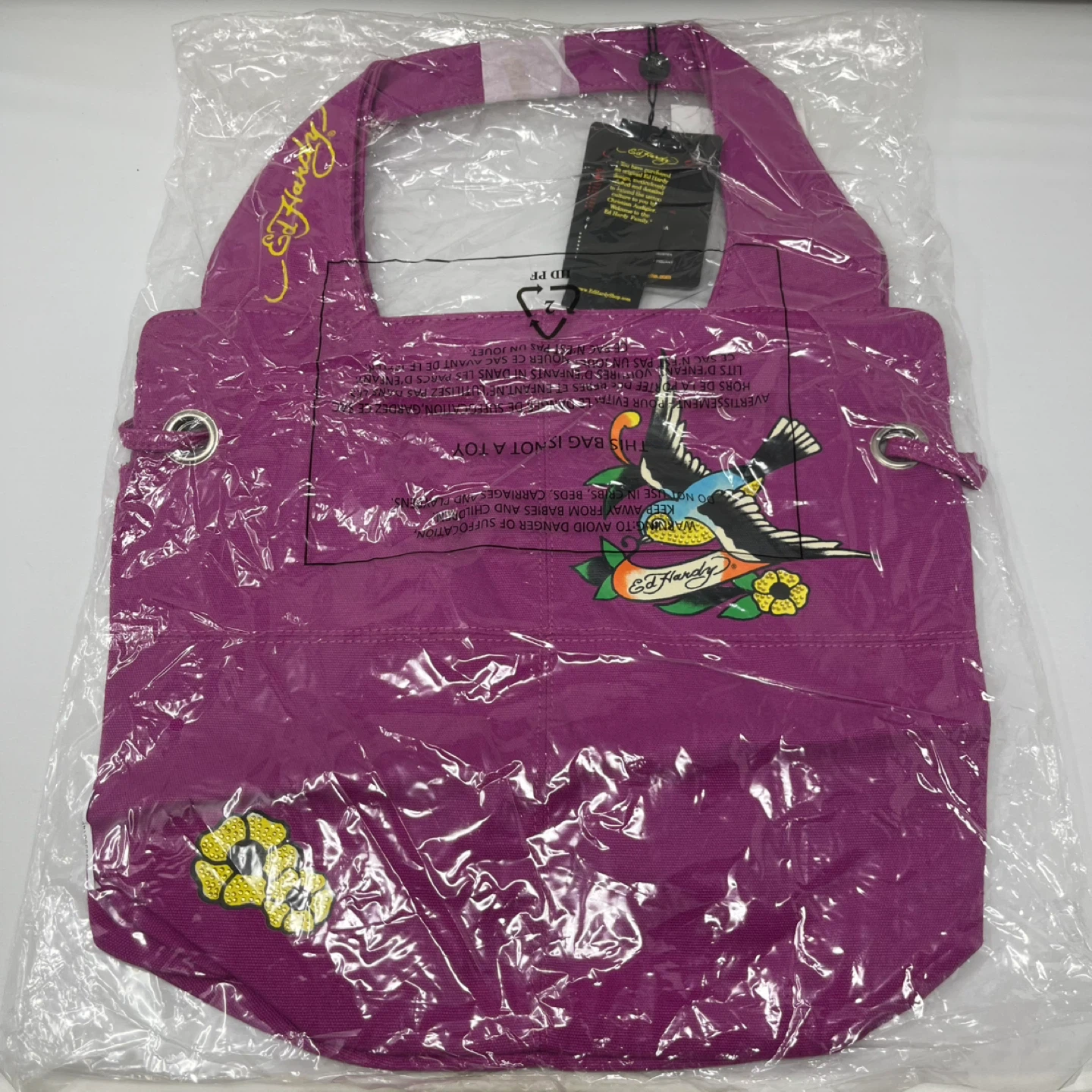 Ed Hardy Purple Tote Bag with Rhinestone Flower Design