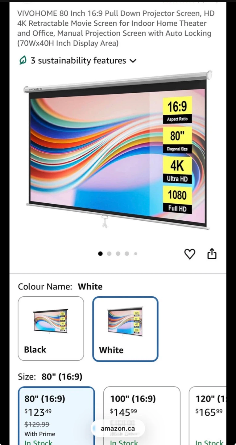 VIVOHOME 80 Inch Manual Pull Down Projector Screen White