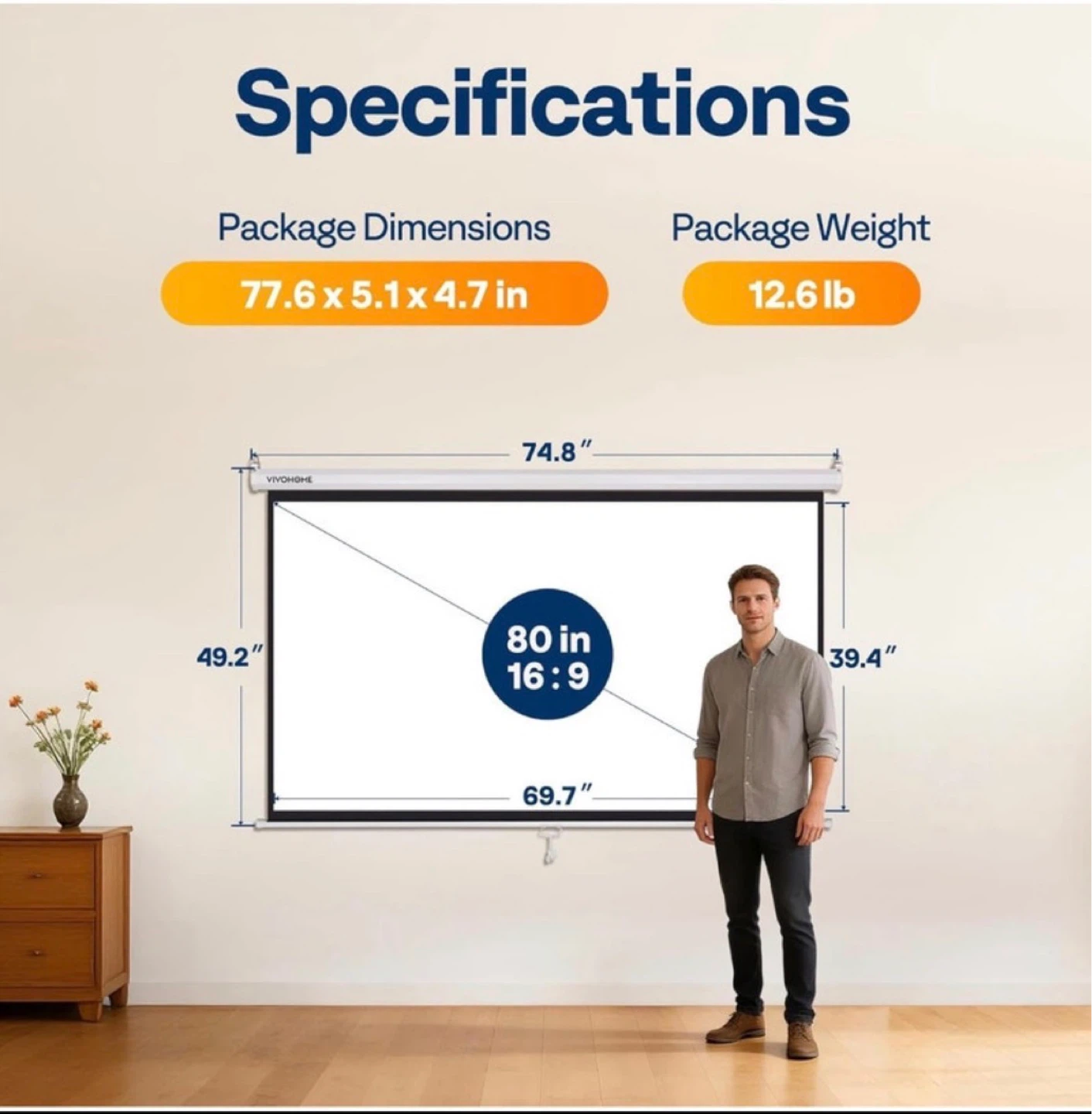 VIVOHOME 80 Inch Manual Pull Down Projector Screen White - photo 2
