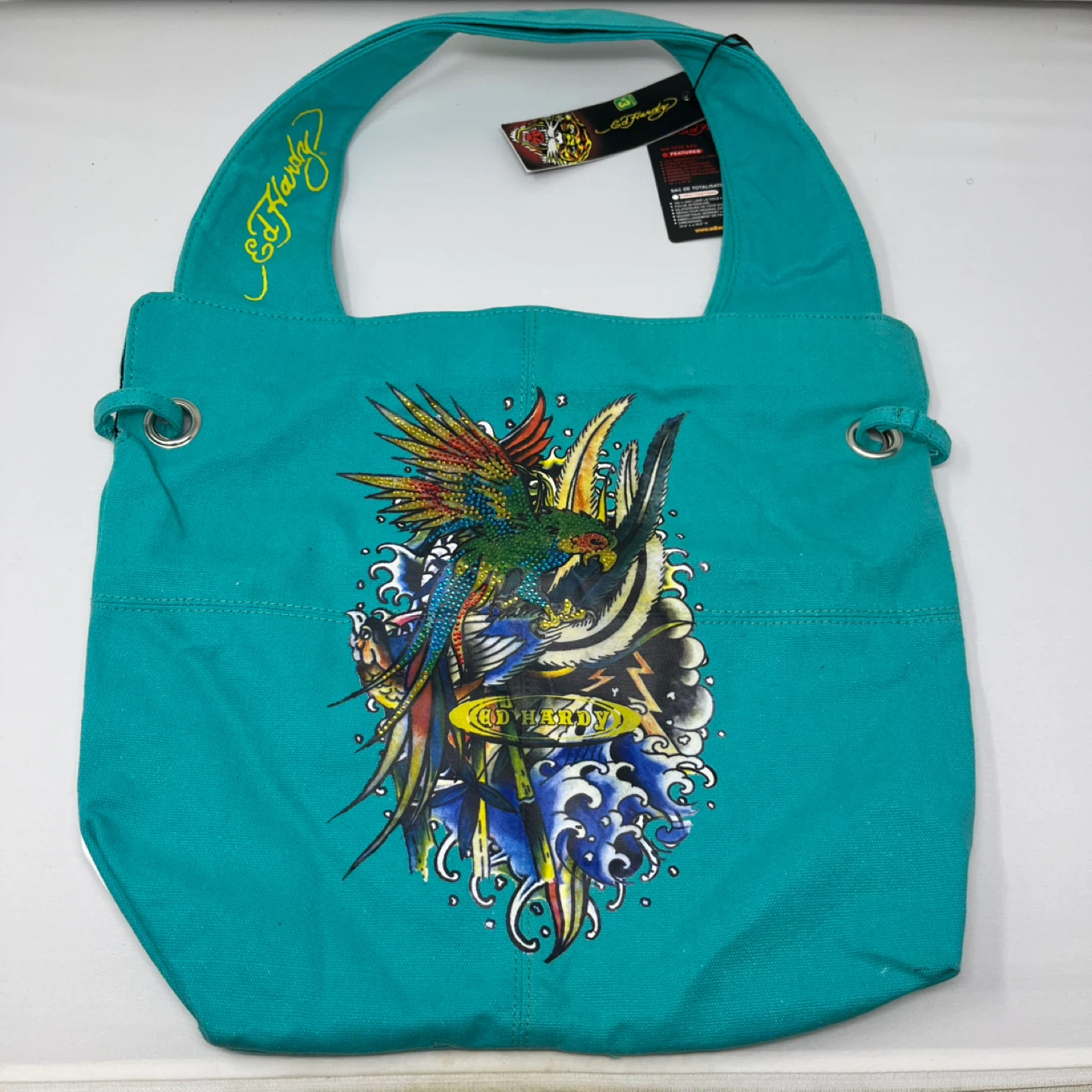 Ed Hardy Teal Canvas Tote Bag