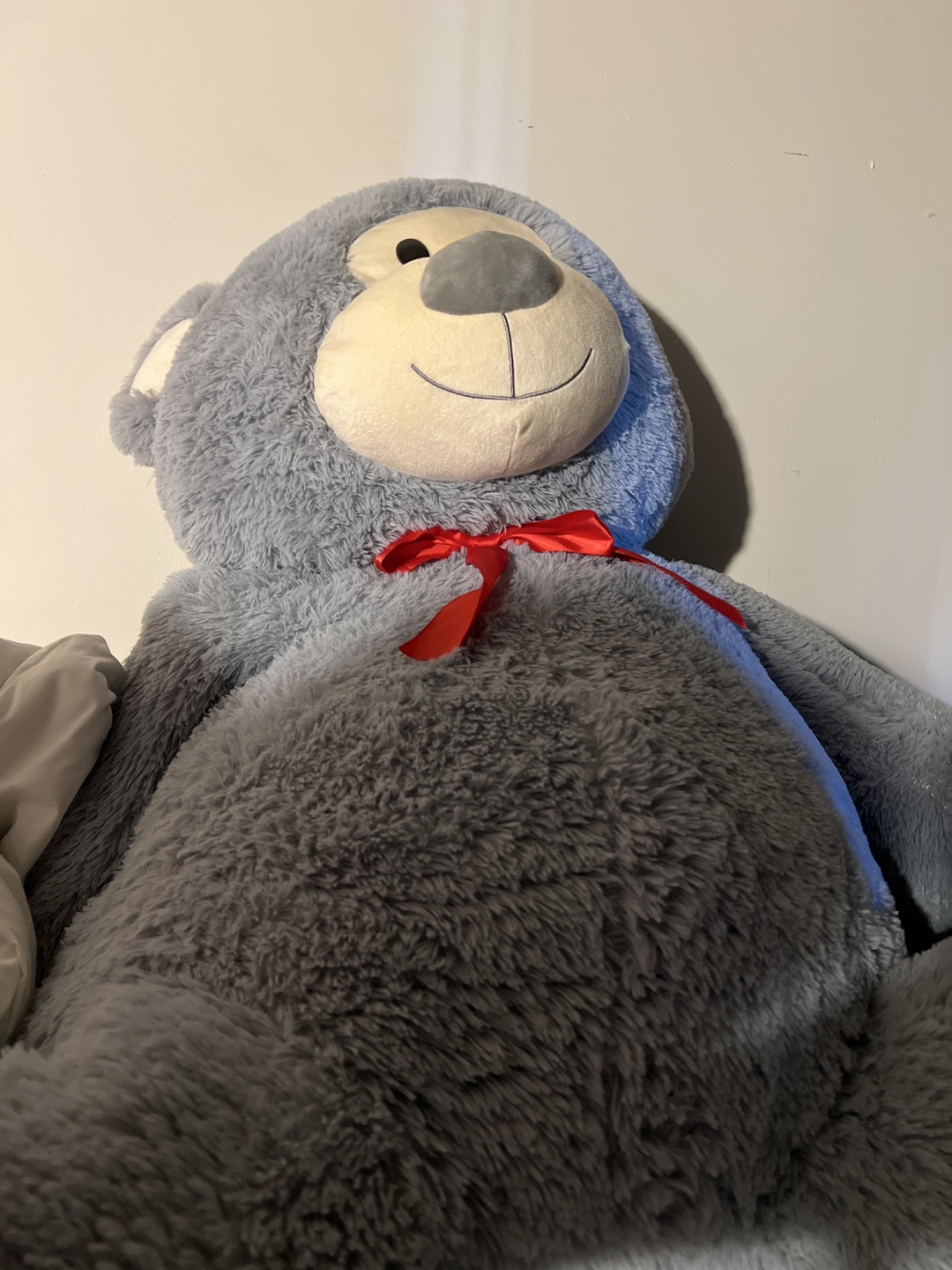Large Grey Plush Teddy Bear with Red Bow