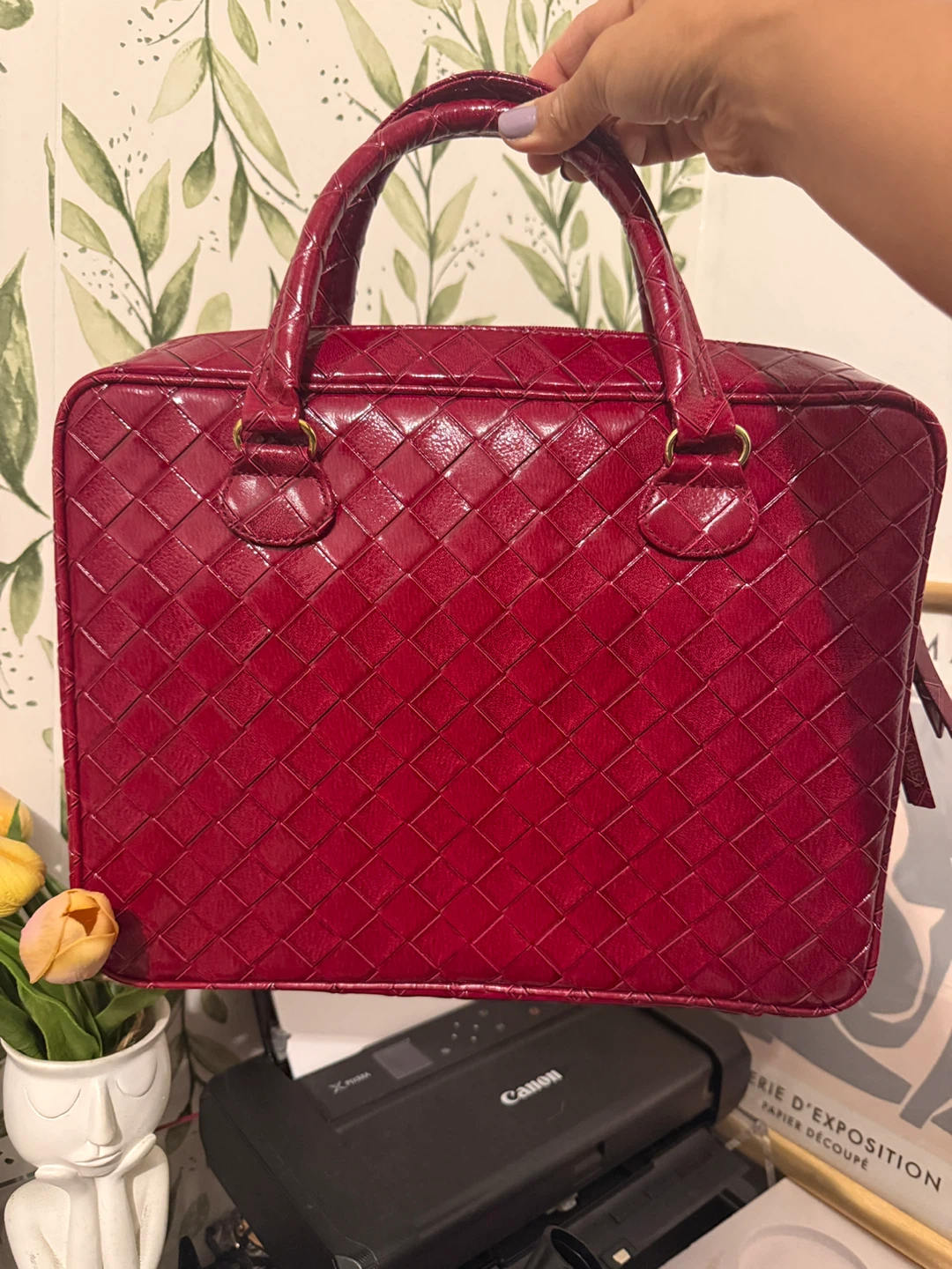Estee Lauder Red Patent Woven Handbag