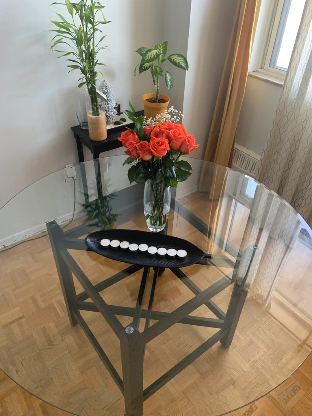 Glass Top Dining Table with Metal Base
