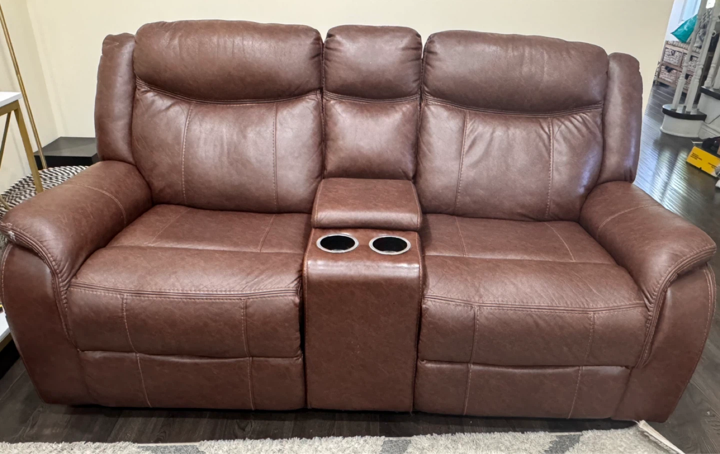 Brown Faux Leather Reclining Loveseat with Console - photo 2
