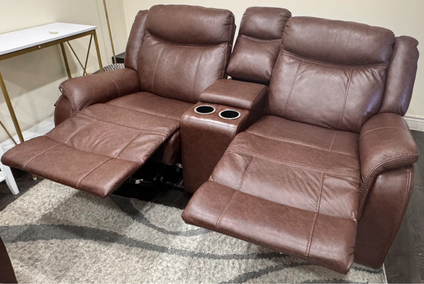Brown Faux Leather Reclining Loveseat with Console - photo 4