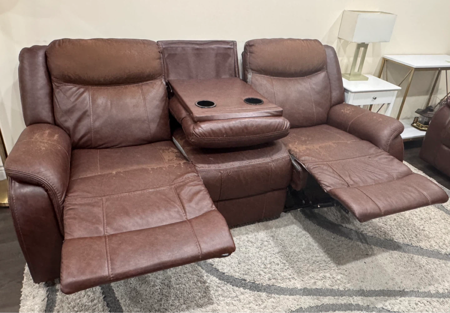 Brown Faux Leather Reclining Loveseat with Console - photo 3