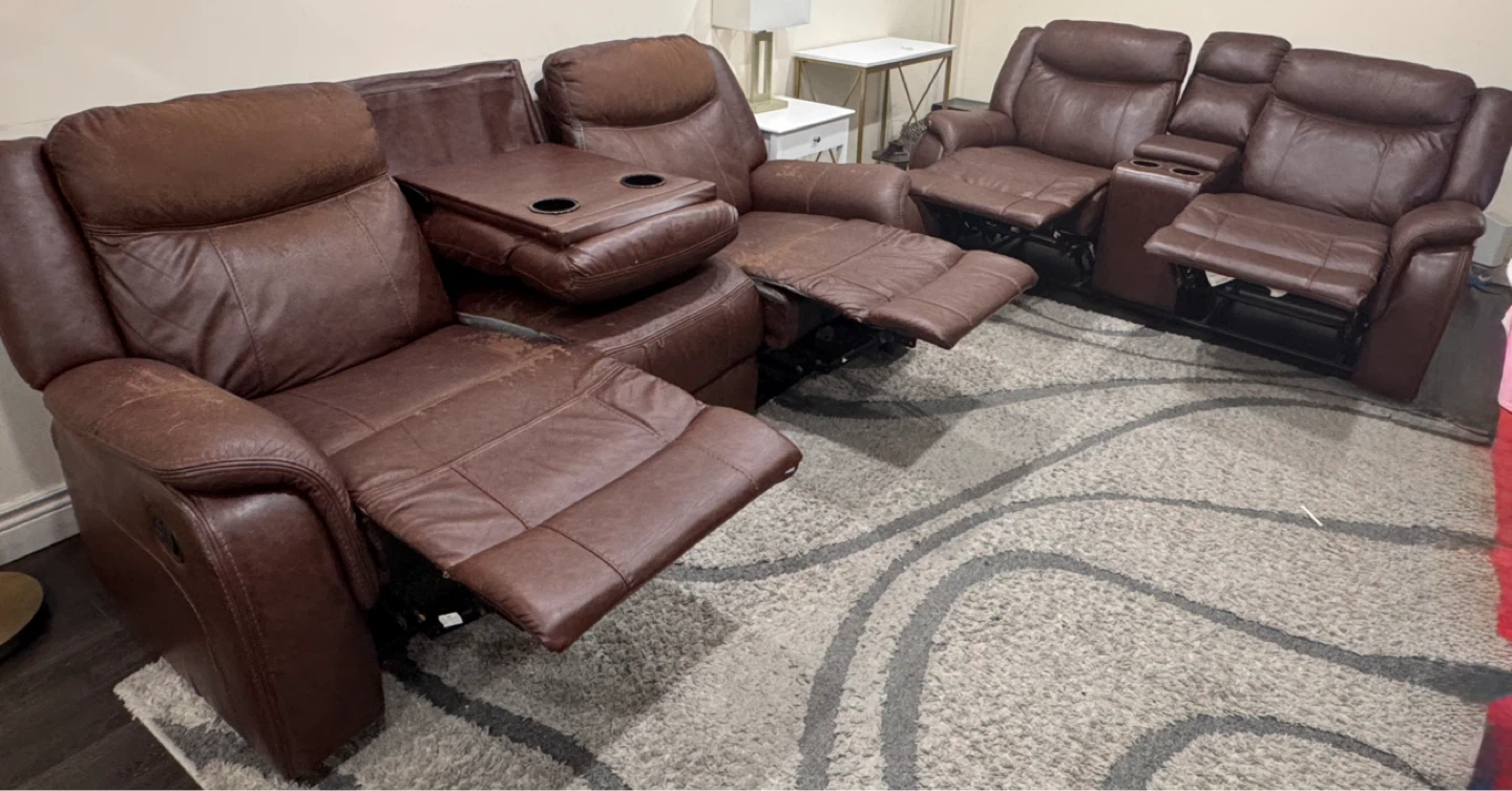 Brown Faux Leather Reclining Loveseat with Console - photo 5