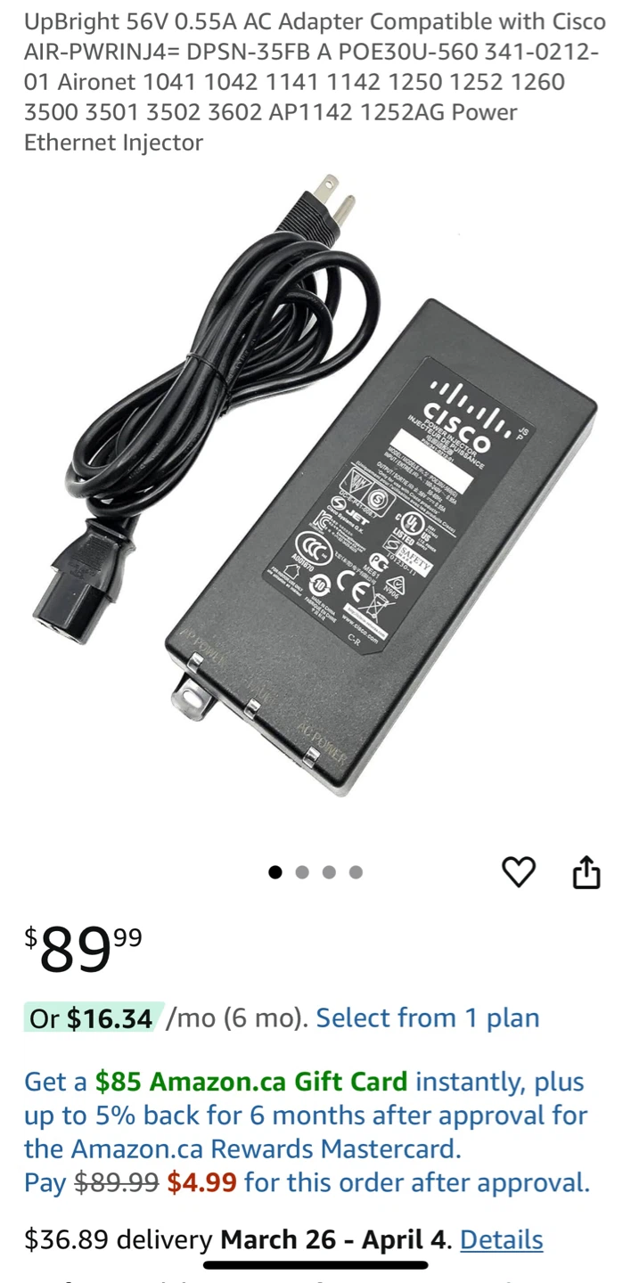 Cisco 56V 0.55A AC Adapter Power Injector 341-0212-01