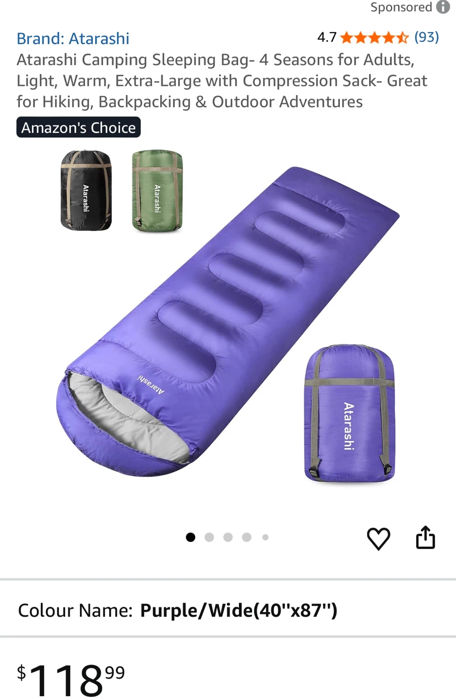 Retails $120,  Purple Wide Camping Sleeping Bag
