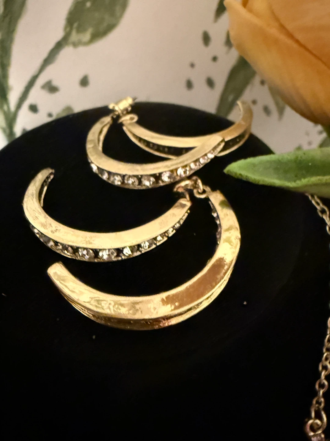 Gold Tone Hoop Earrings with Rhinestones