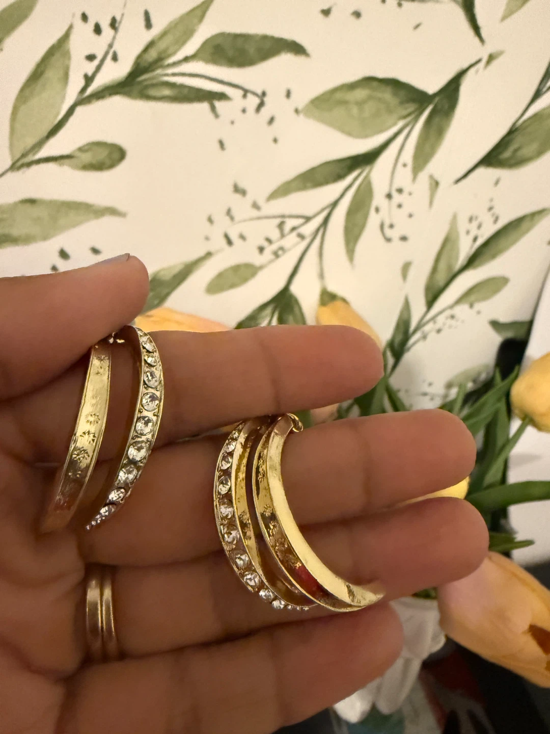 Gold Tone Hoop Earrings with Rhinestones - photo 2